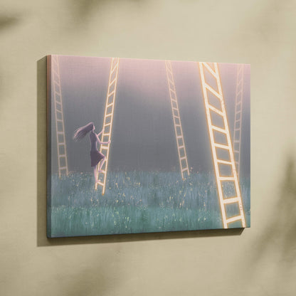 Contemporary ladder dreams rectangular canvas wall art featuring a woman climbing glowing golden ladder in pastel field