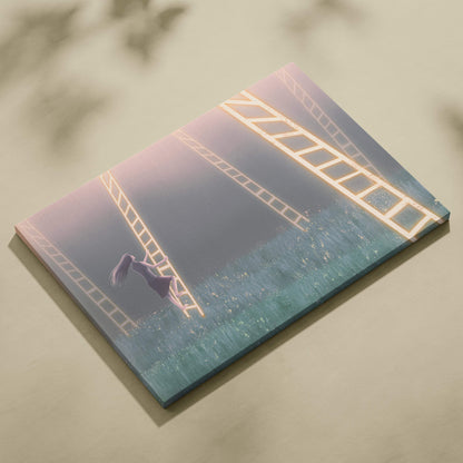 Contemporary ladder dreams canvas wall art featuring a surreal girl descending glowing golden ladders in soft pastel tones