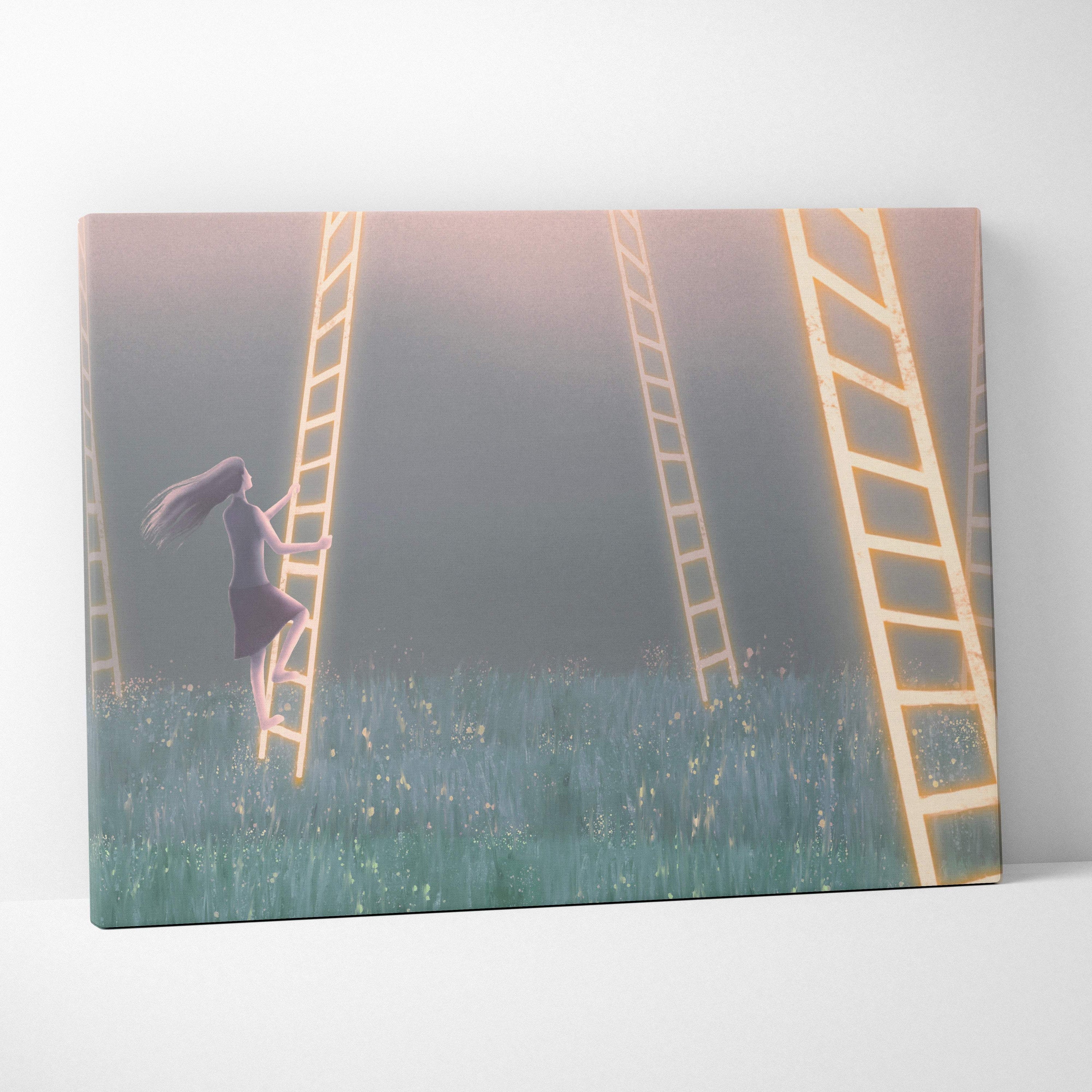 Contemporary ladder dreams canvas wall art featuring a woman in a dark dress climbing a glowing golden ladder in a misty field