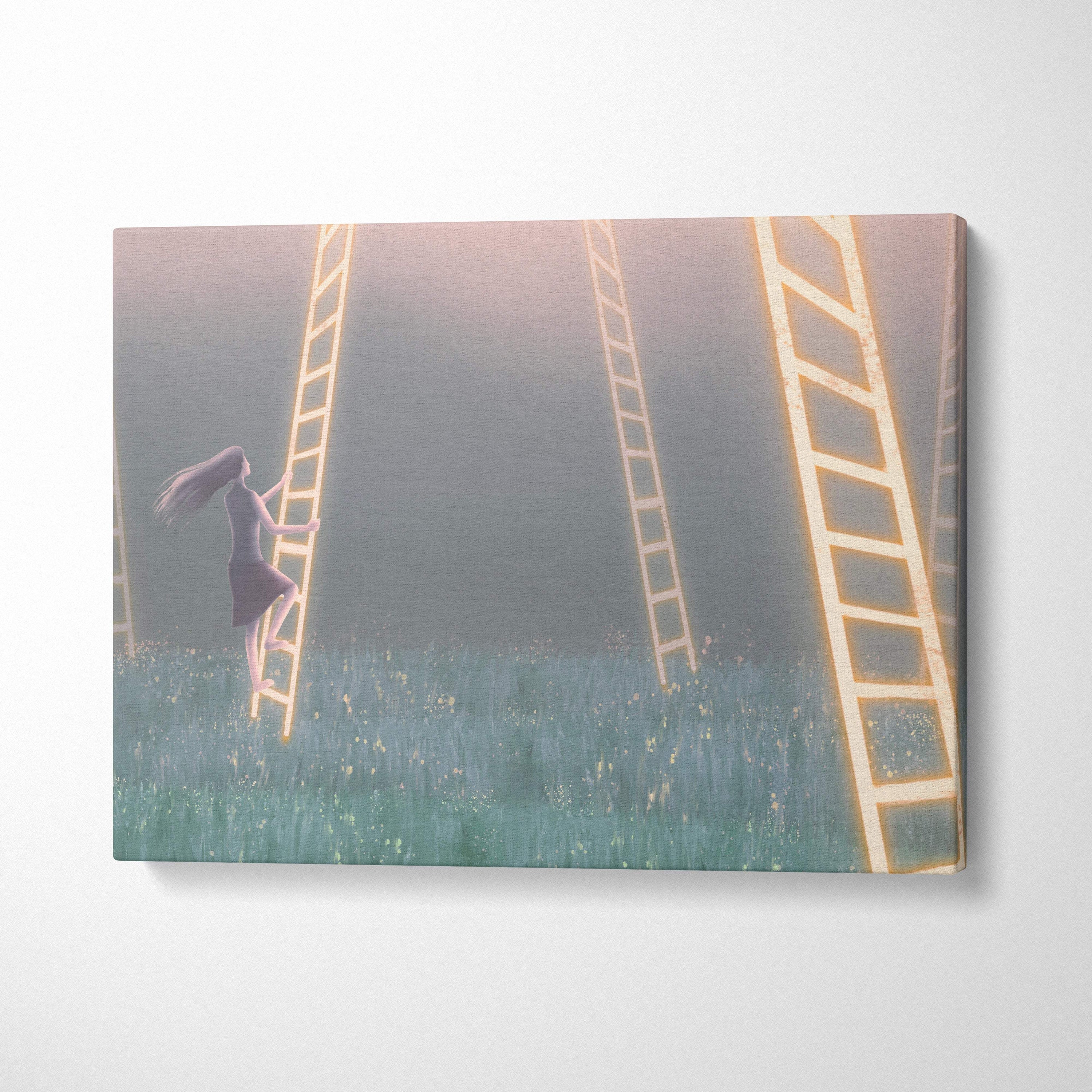 Contemporary ladder dreams canvas wall art featuring a woman in a dark dress climbing a glowing golden ladder through misty grass