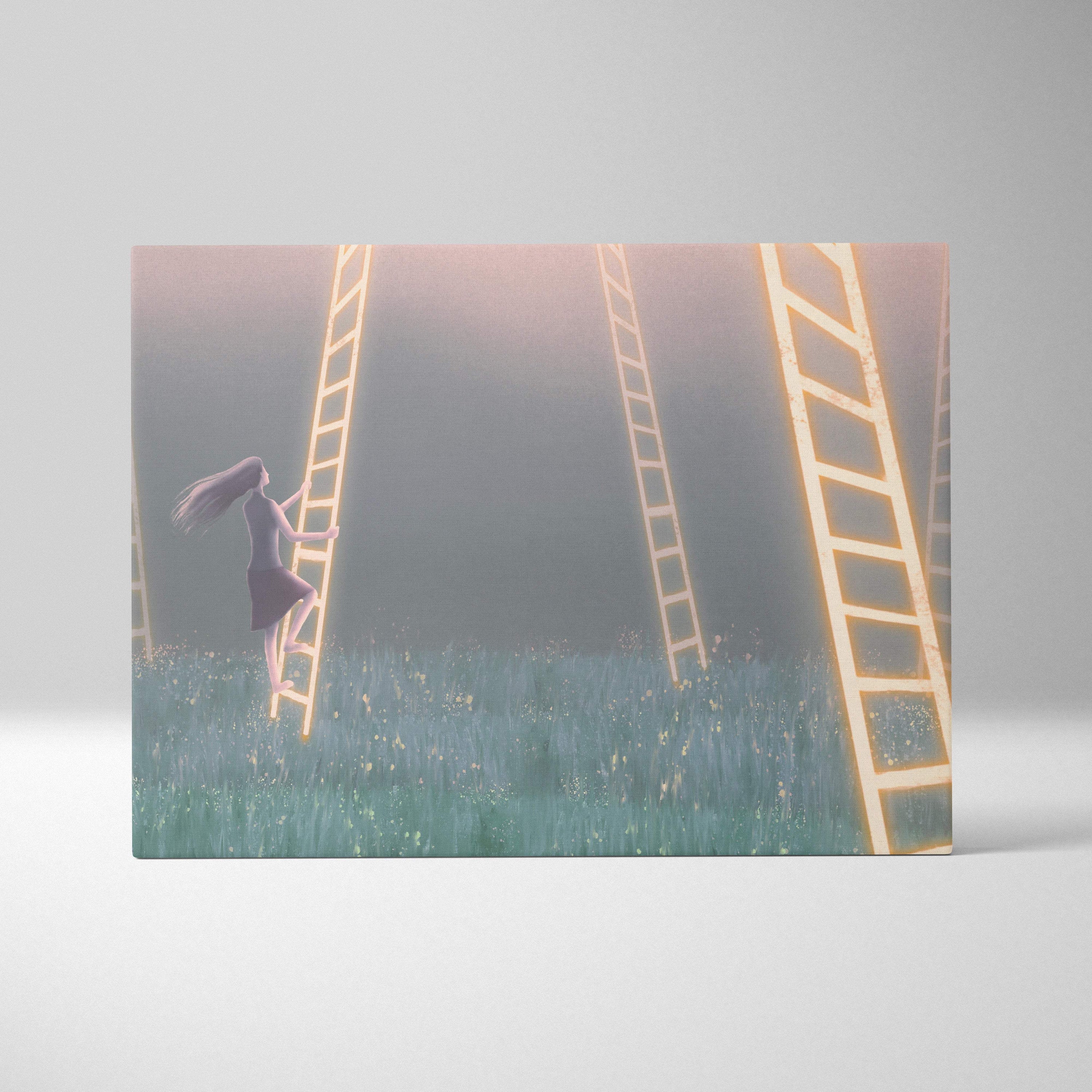 Contemporary ladder dreams canvas wall art showing a woman climbing a glowing golden ladder in a misty grass field