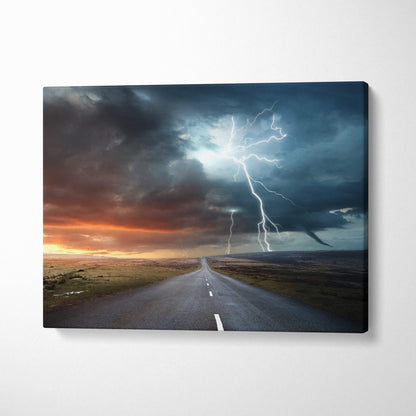 Stormy sky canvas art featuring a dramatic lightning bolt over an empty road at dusk with blue and orange tones