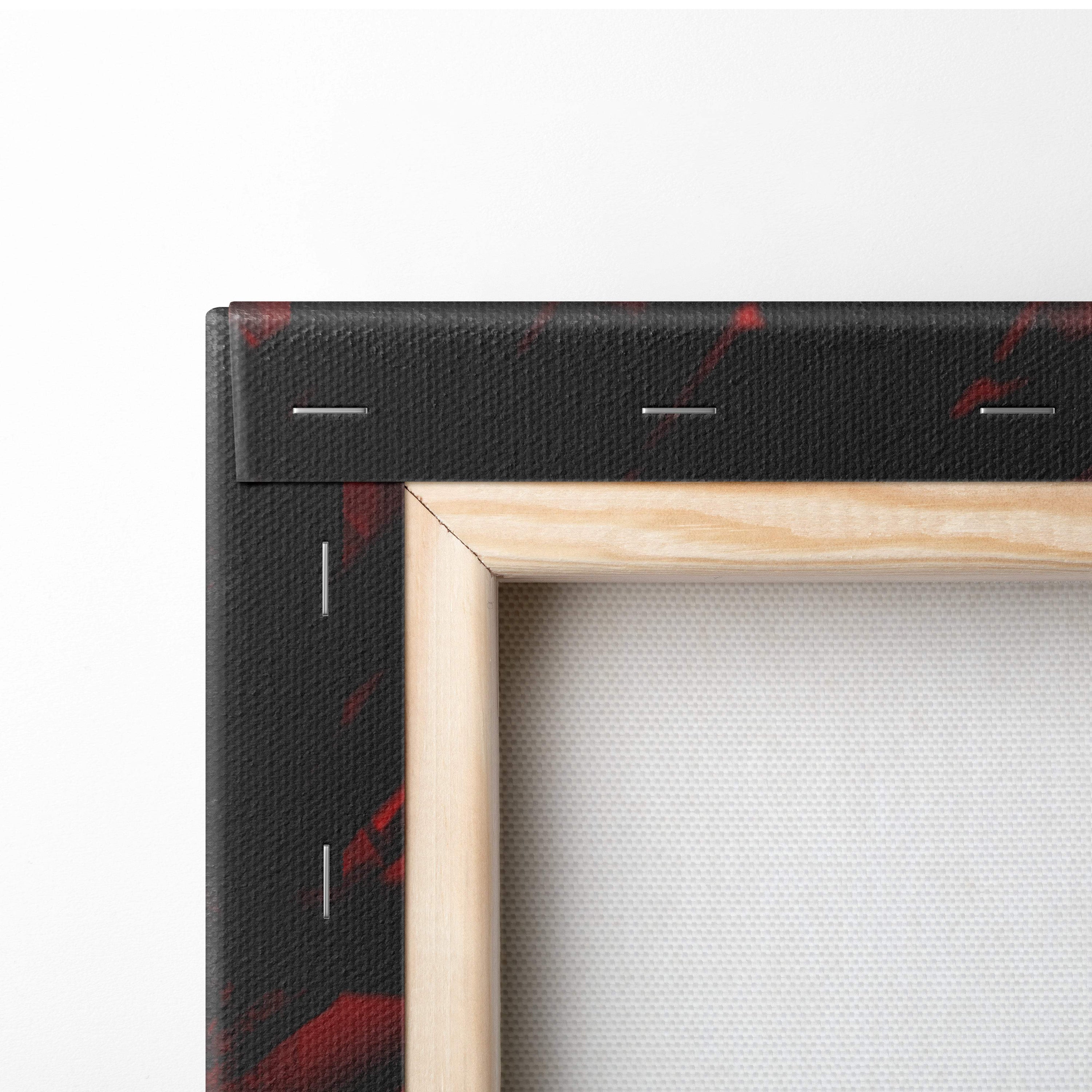 Red moon warrior canvas print featuring black canvas with red splatter design framed in light wood for gothic decor