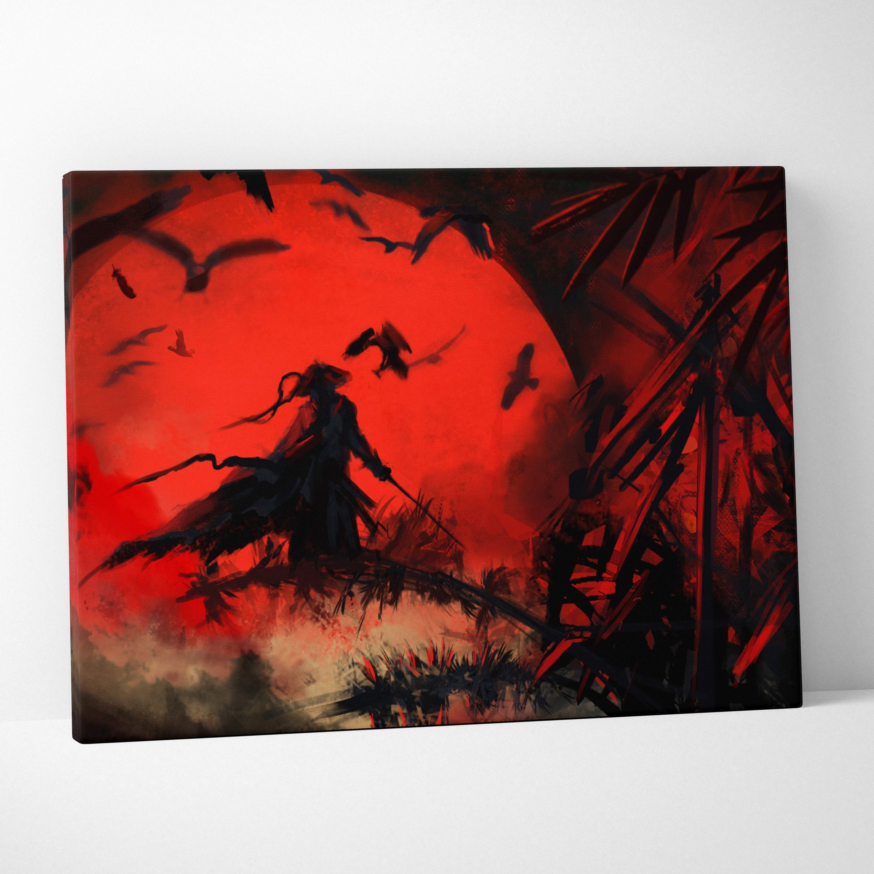 Red moon warrior canvas print featuring a black samurai silhouette against a red moon with crows and gothic foliage