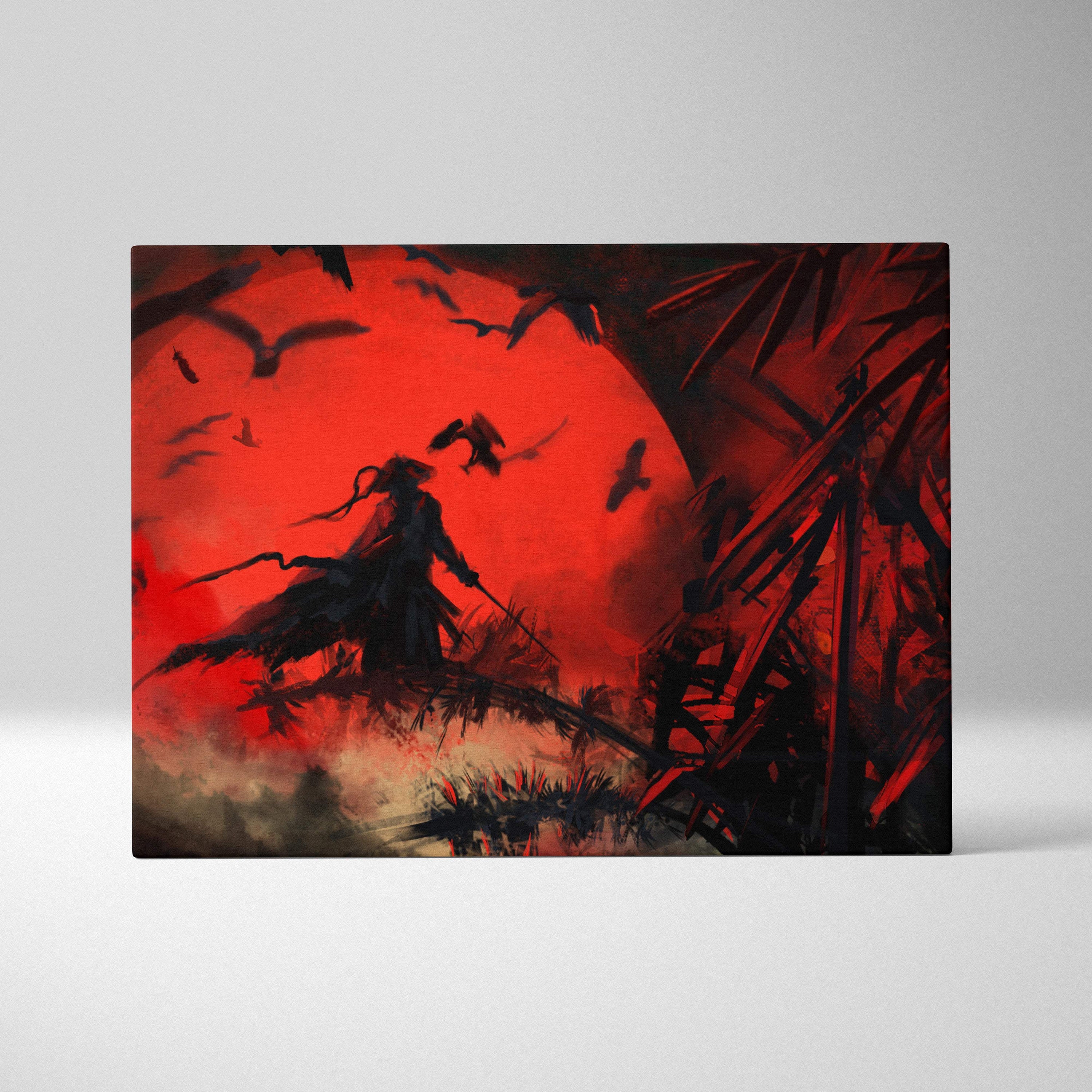 A rectangular canvas print featuring a black samurai silhouette against a red sunset with birds and bamboo stalks