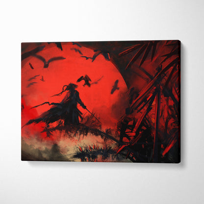 Red moon warrior canvas print featuring a black samurai silhouette with crows and bamboo in dark gothic style