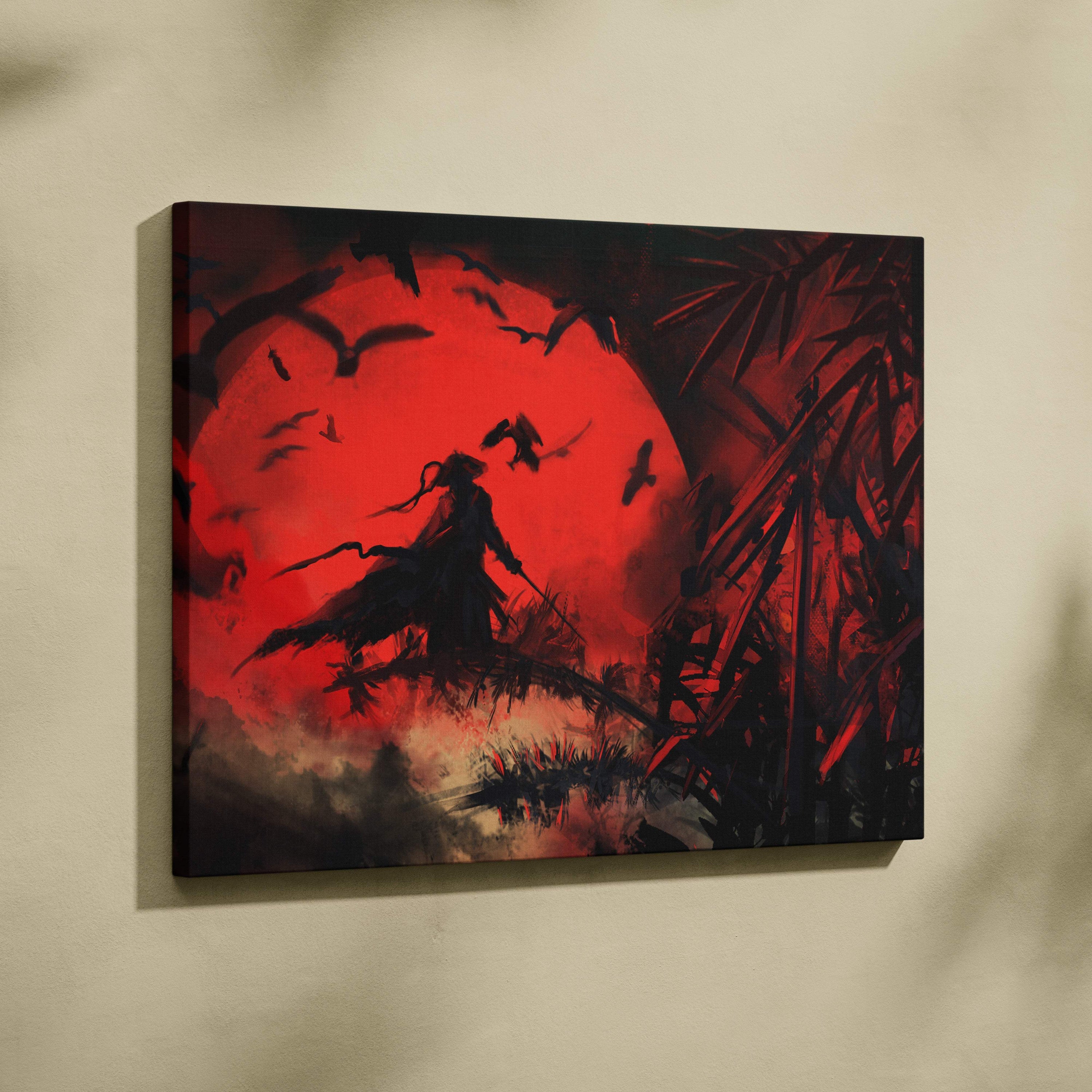 Red moon warrior canvas print featuring black samurai silhouette against red moon with dark birds and bamboo in japanese ink style