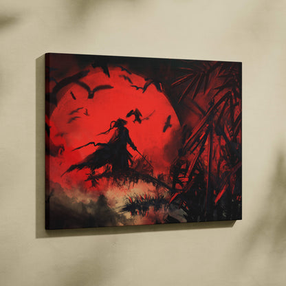 Red moon warrior canvas print featuring black samurai silhouette against red moon with dark birds and bamboo in japanese ink style
