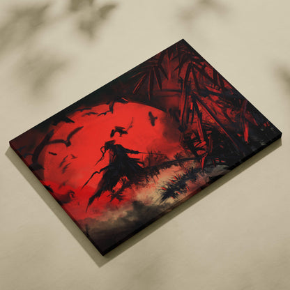 Rectangular canvas print of a black samurai silhouette against a vivid red moon with dark bamboo and flying birds in gothic style