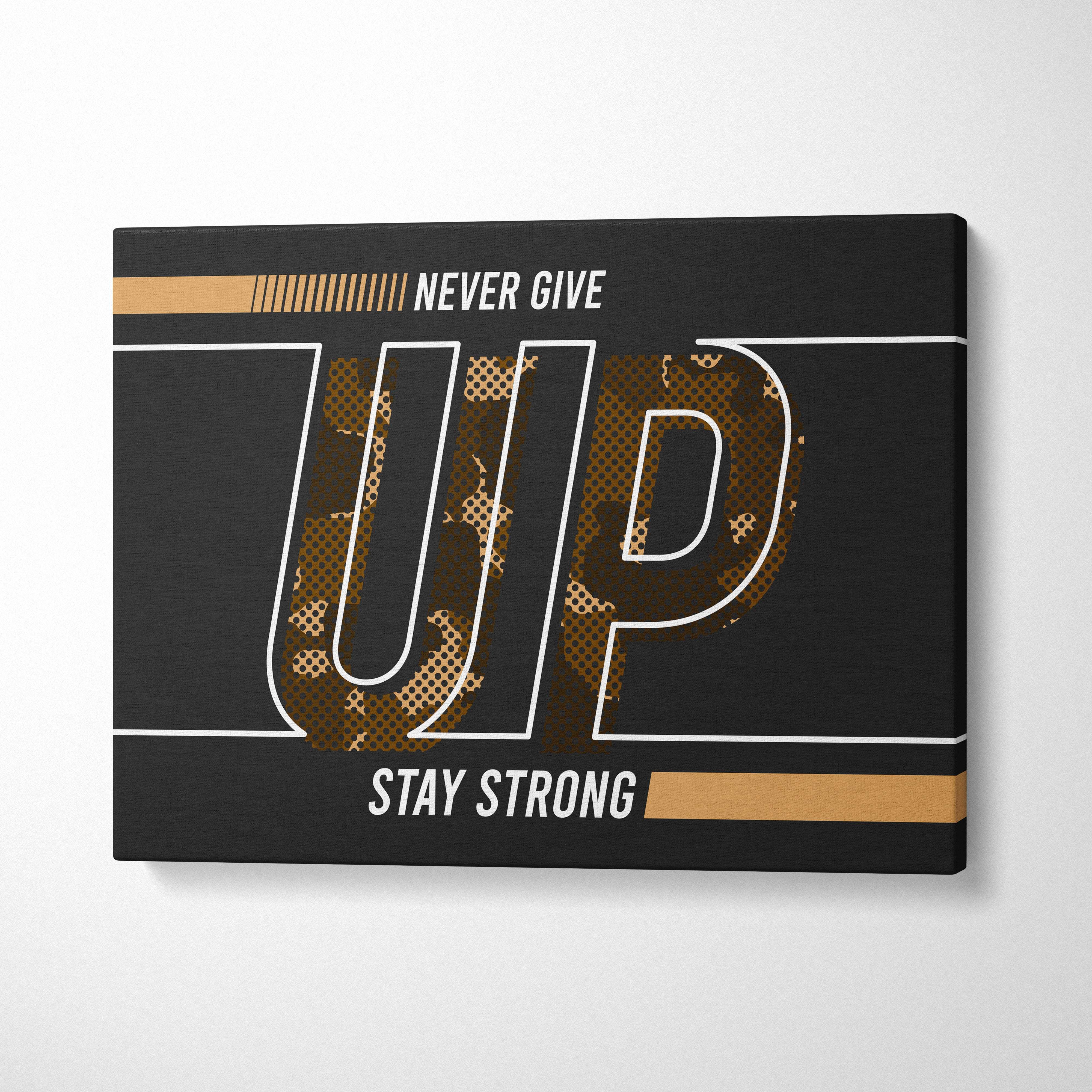 Motivational never give up canvas wall art with bold white outlined gold camouflage letters on black for gym office or bedroom