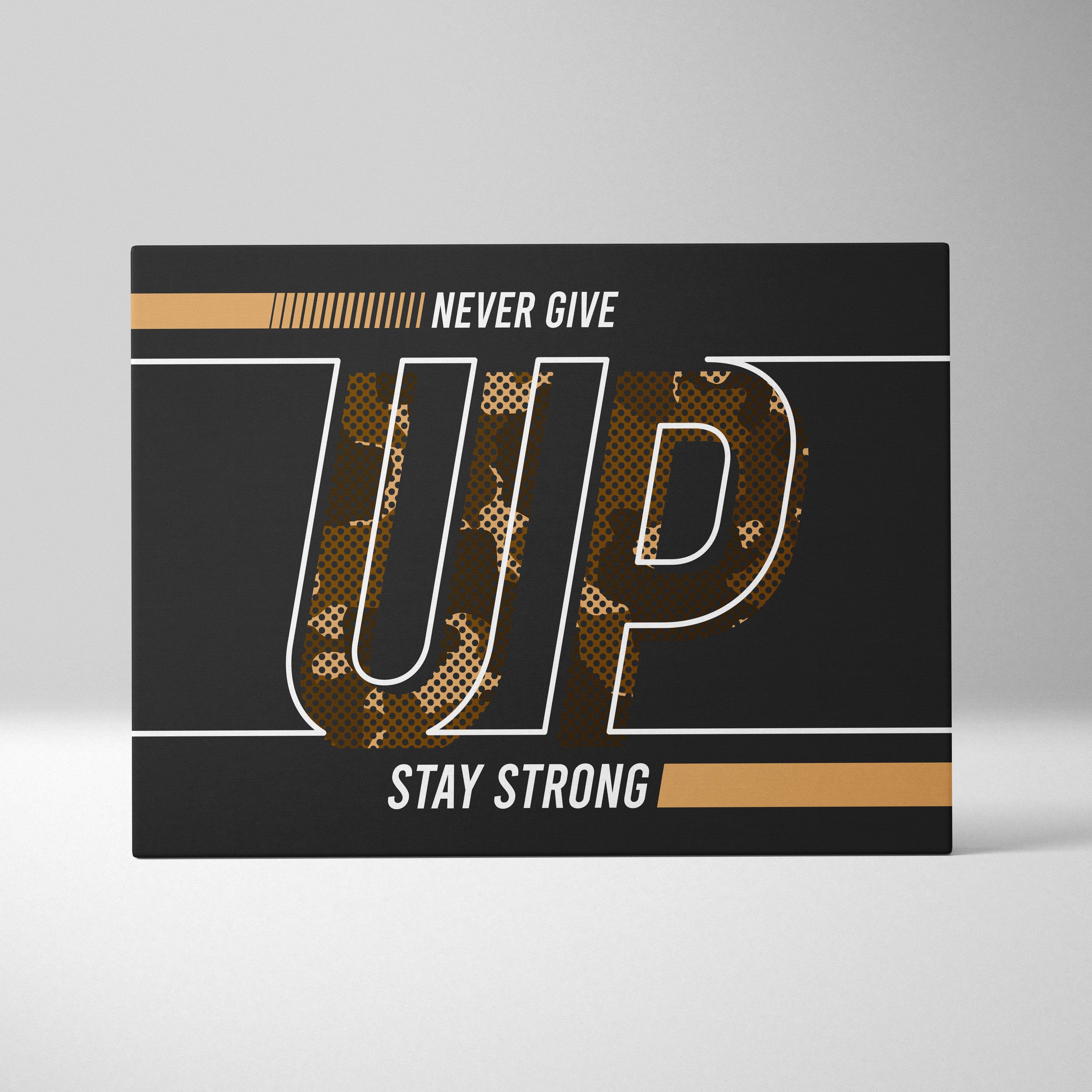 Motivational never give up canvas wall art with bold black gold sports typography and brown camouflage up letters for gym or office