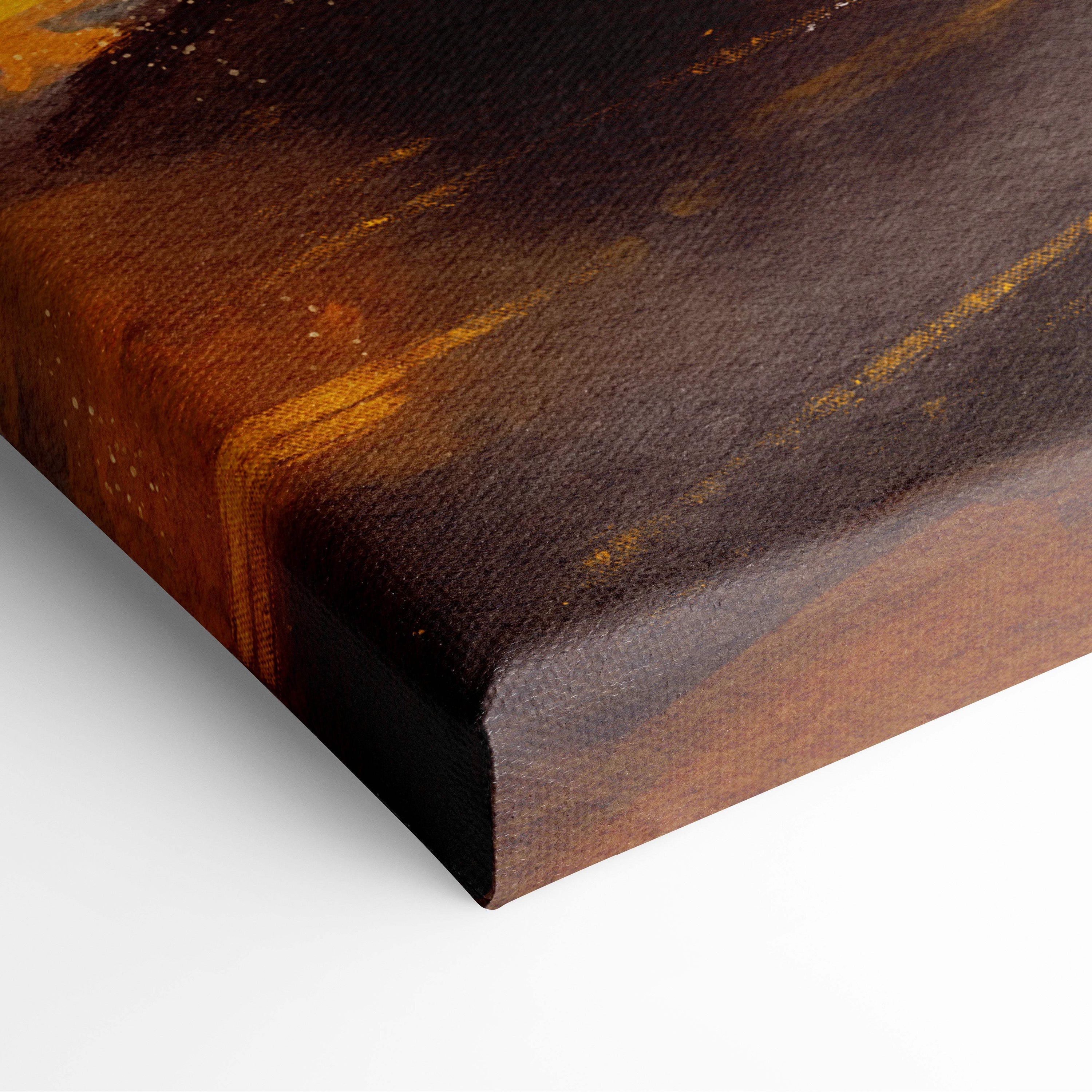 A textured canvas print featuring abstract brushstrokes in deep brown and warm amber hues for moody urban wall art
