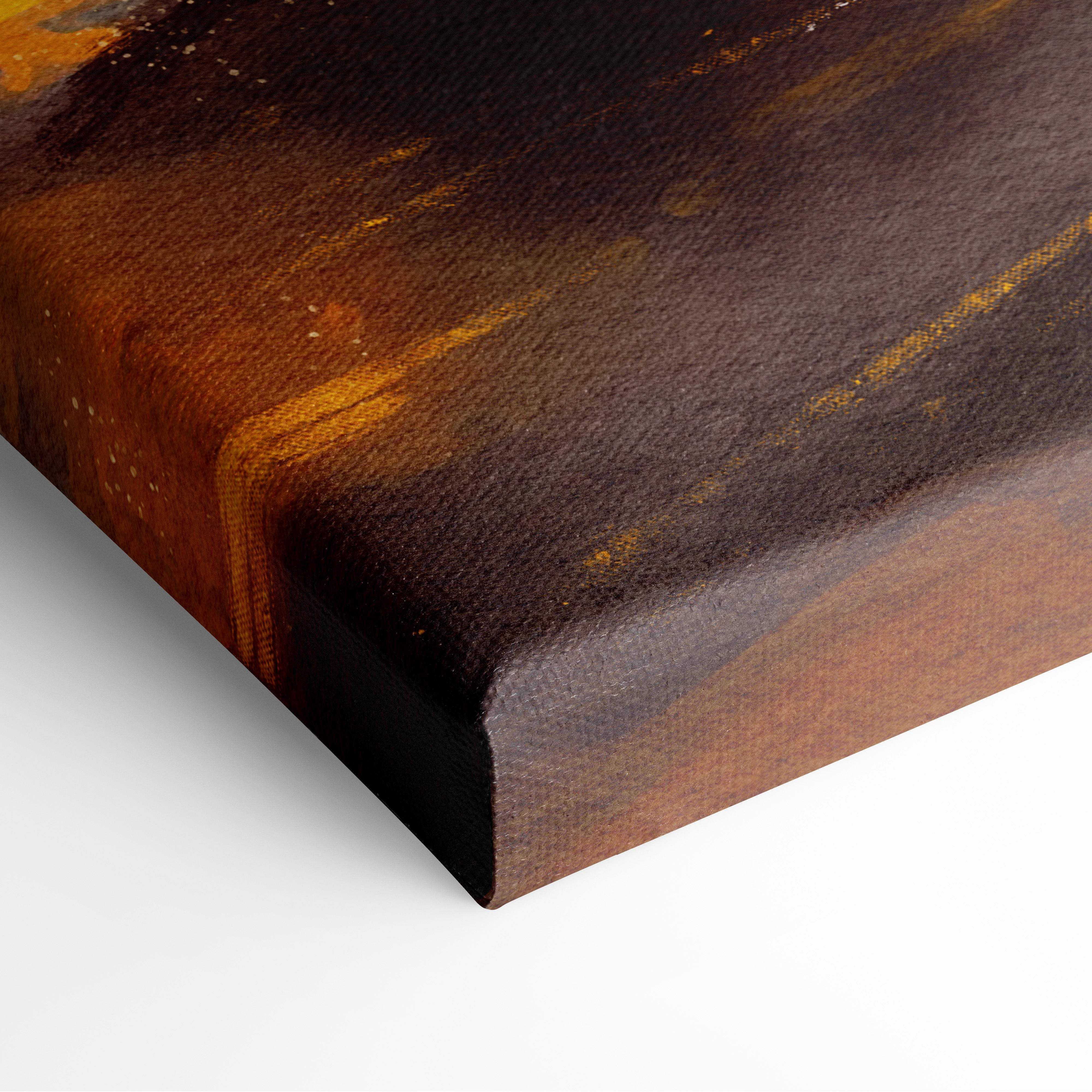 A textured canvas print featuring abstract brushstrokes in deep brown and warm amber hues for moody urban wall art