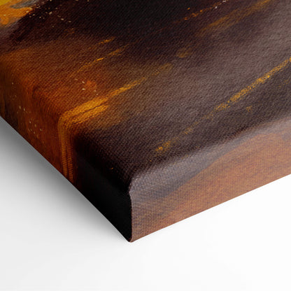 A textured canvas print featuring abstract brushstrokes in deep brown and warm amber hues for moody urban wall art