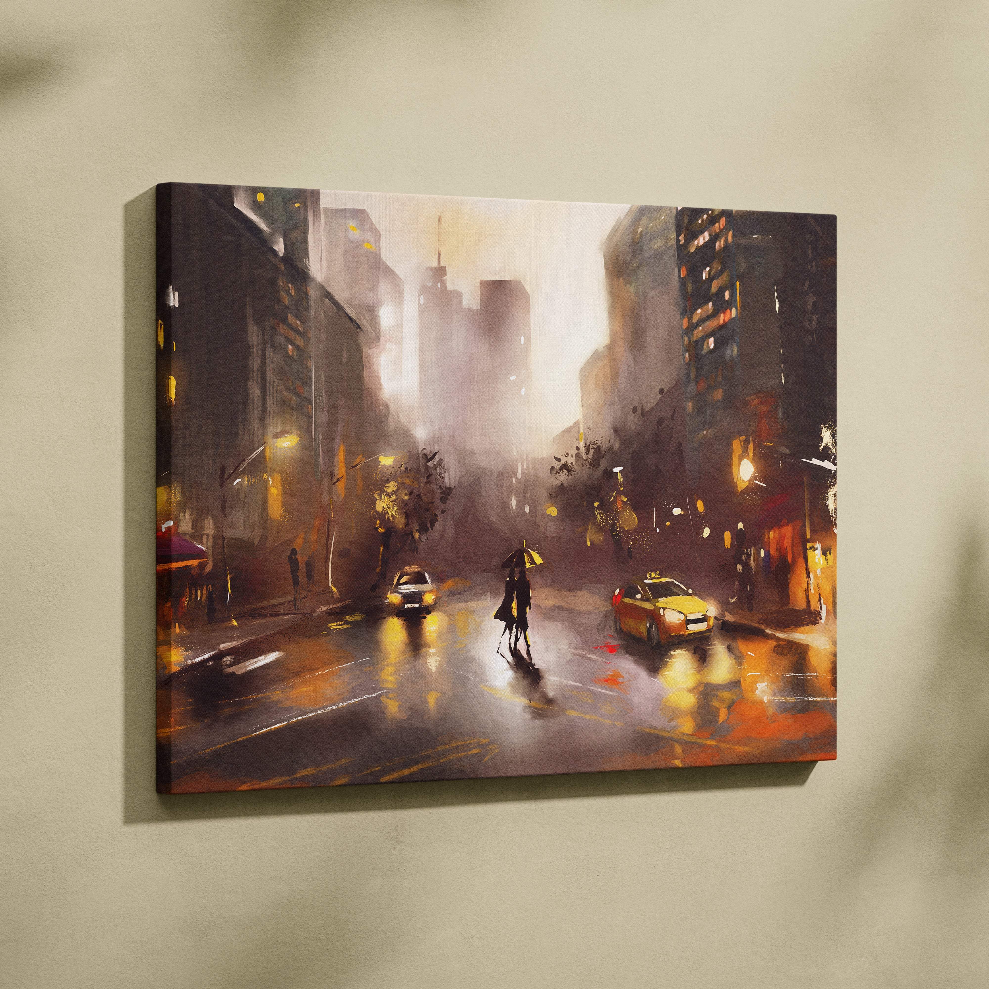 Rectangular canvas painting of a rainy city street at night with warm glowing lights and silhouetted couple under umbrella