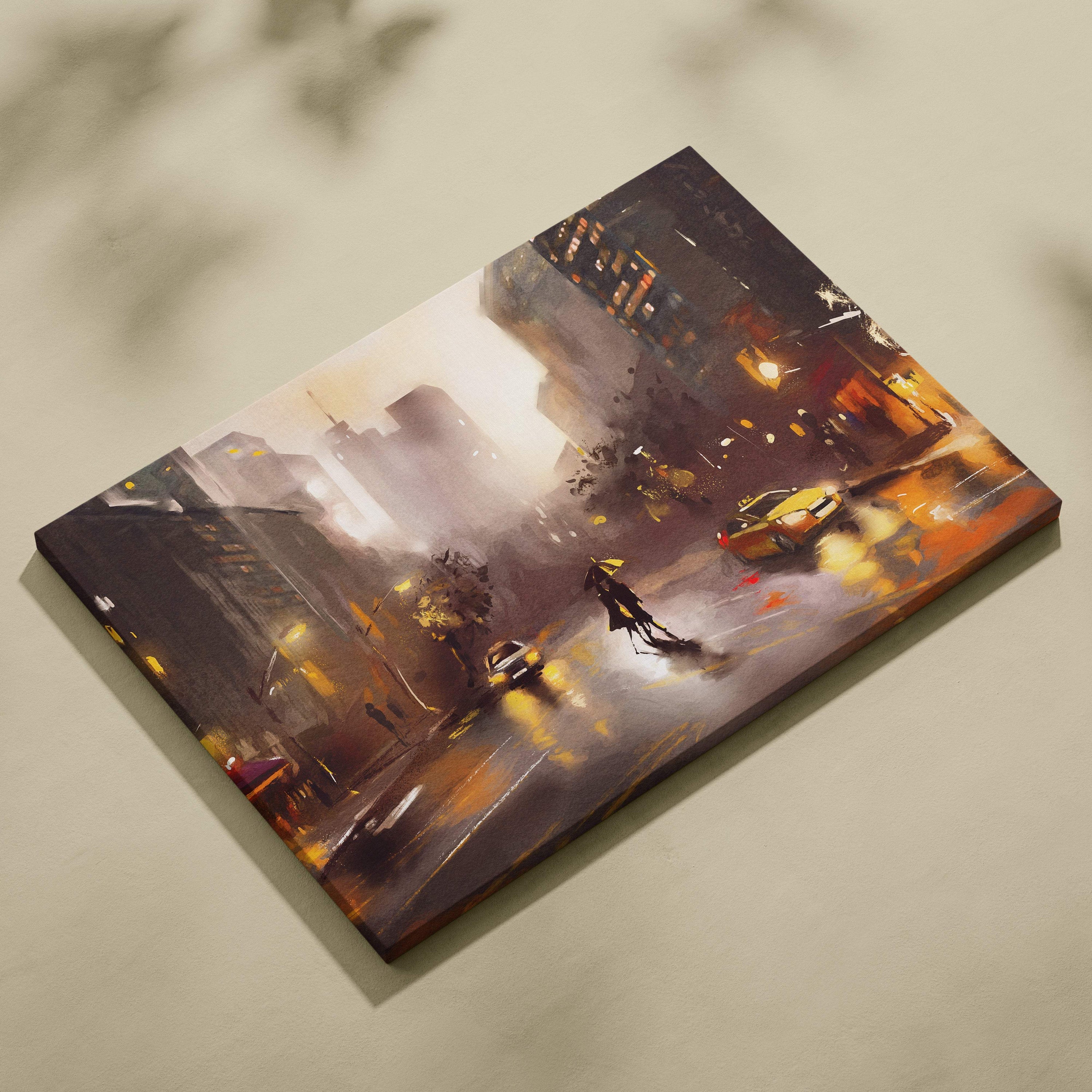 A rectangular canvas print of moody rainy city street romance with warm glowing lights reflecting on wet pavement