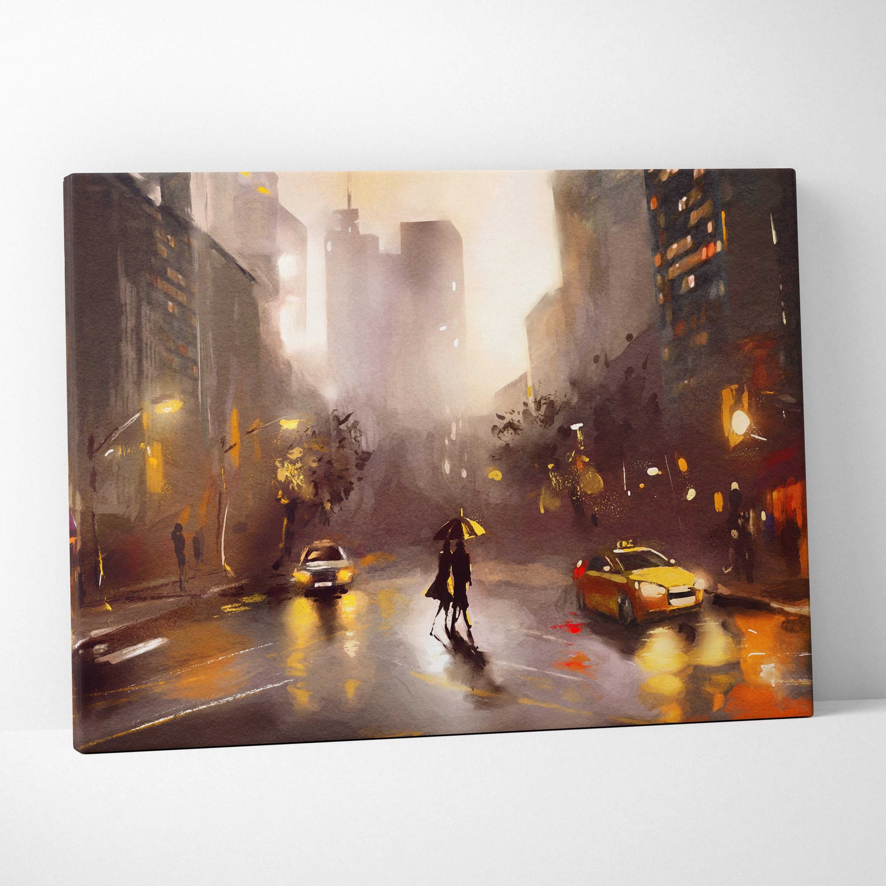 A canvas painting of a rainy city street at night with warm glowing lights and silhouetted couple under an umbrella
