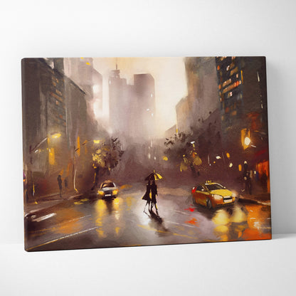 A canvas painting of a rainy city street at night with warm glowing lights and silhouetted couple under an umbrella
