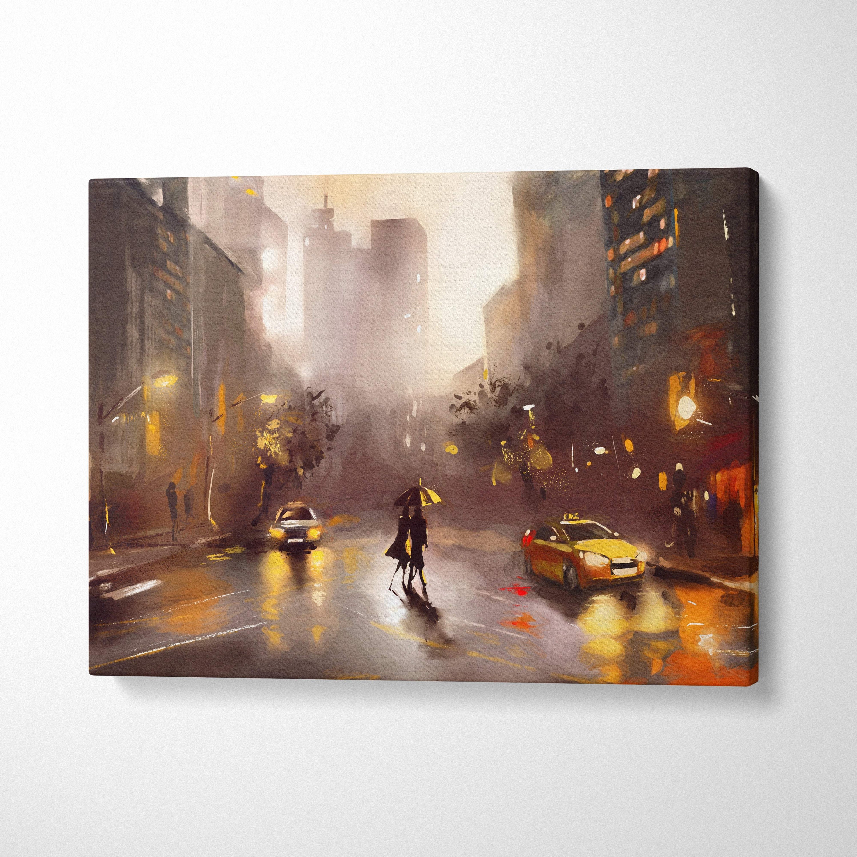 Rainy city street romance canvas print featuring moody urban night scene with glowing yellow taxis and wet pavement reflections