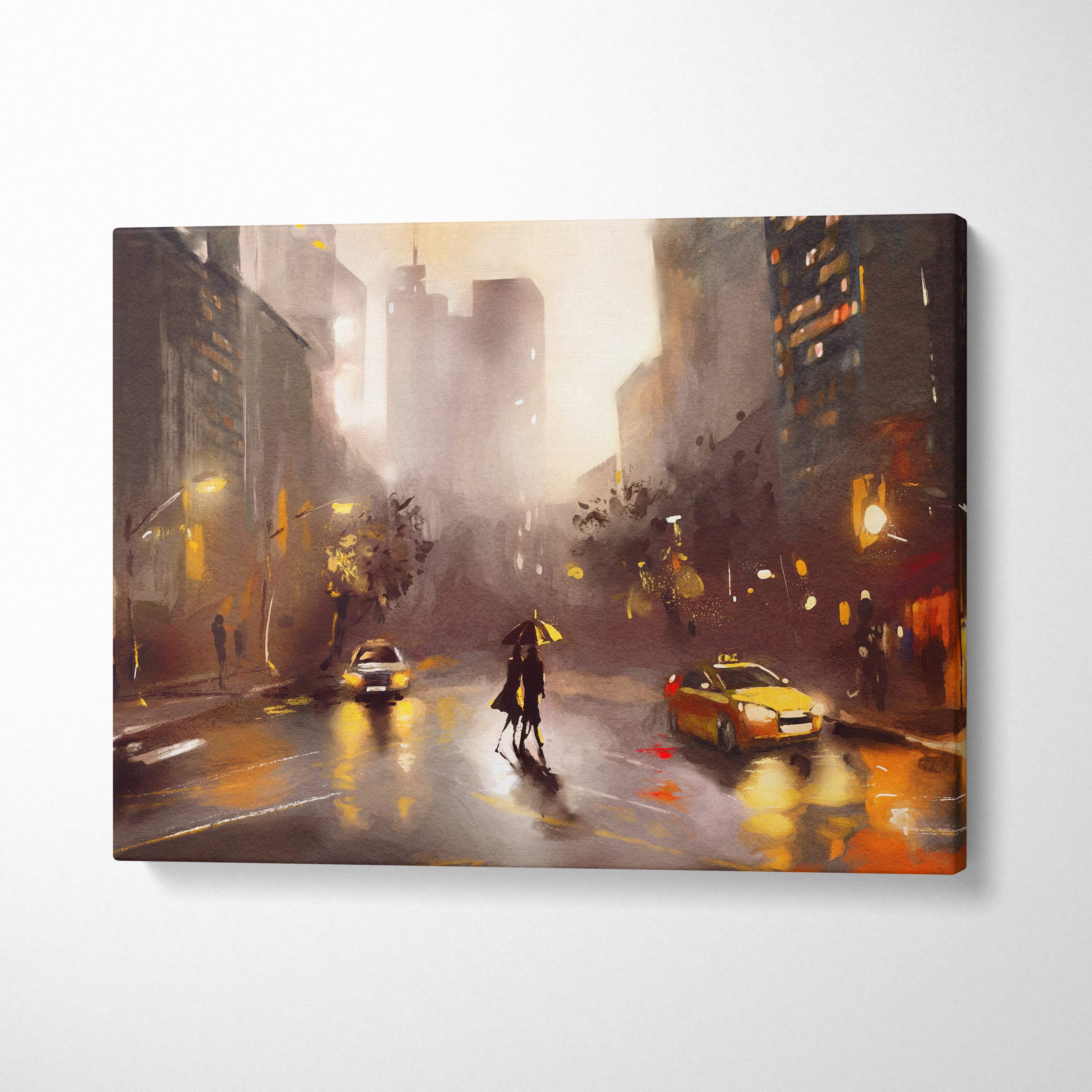 Rainy city street romance canvas print featuring moody urban night scene with glowing yellow taxis and wet pavement reflections