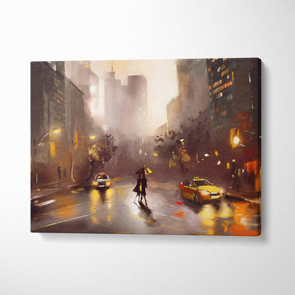 Rainy city street romance canvas print featuring moody urban night scene with glowing yellow taxis and wet pavement reflections