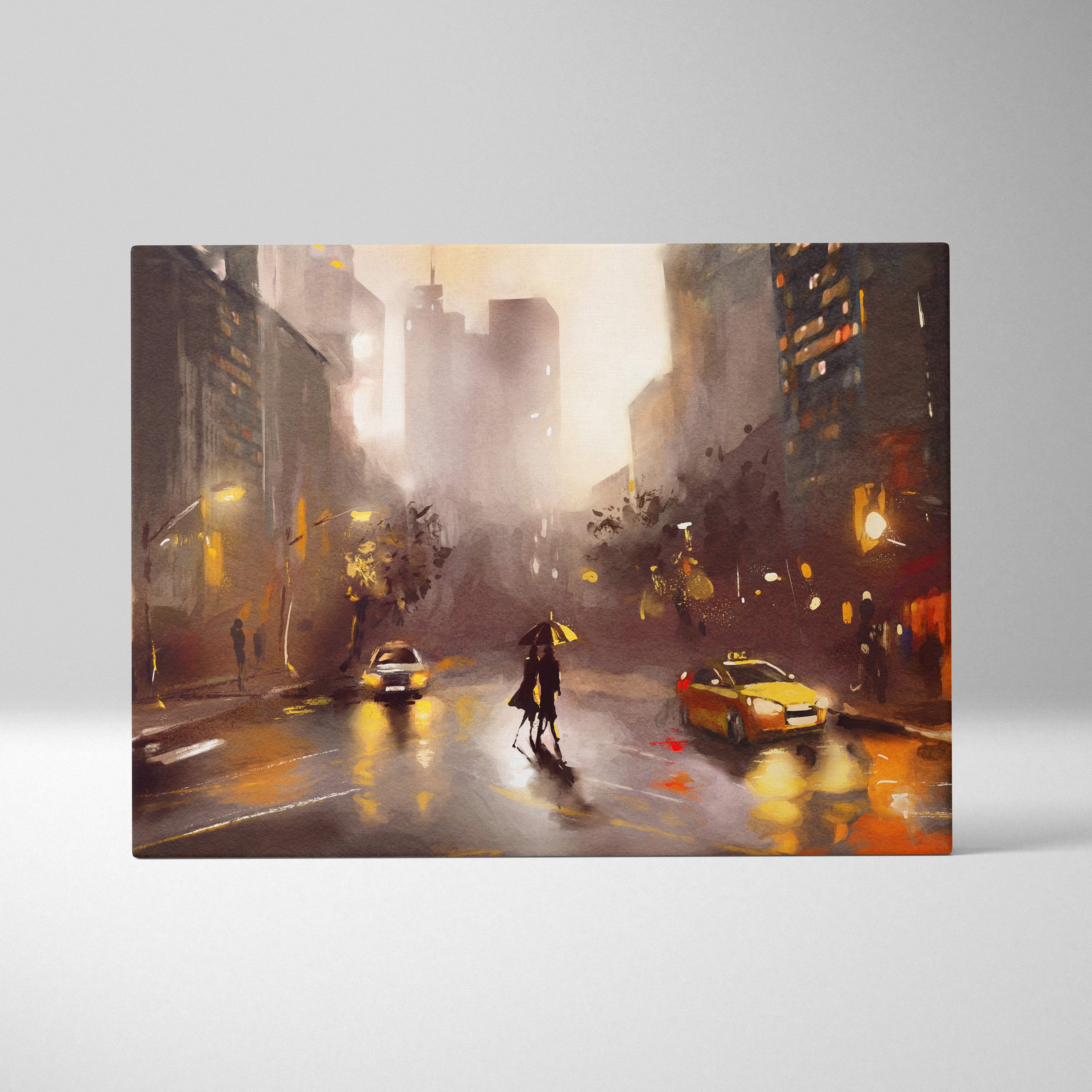 Rainy city street romance canvas print featuring moody urban night scene with couple under umbrella and glowing amber lights