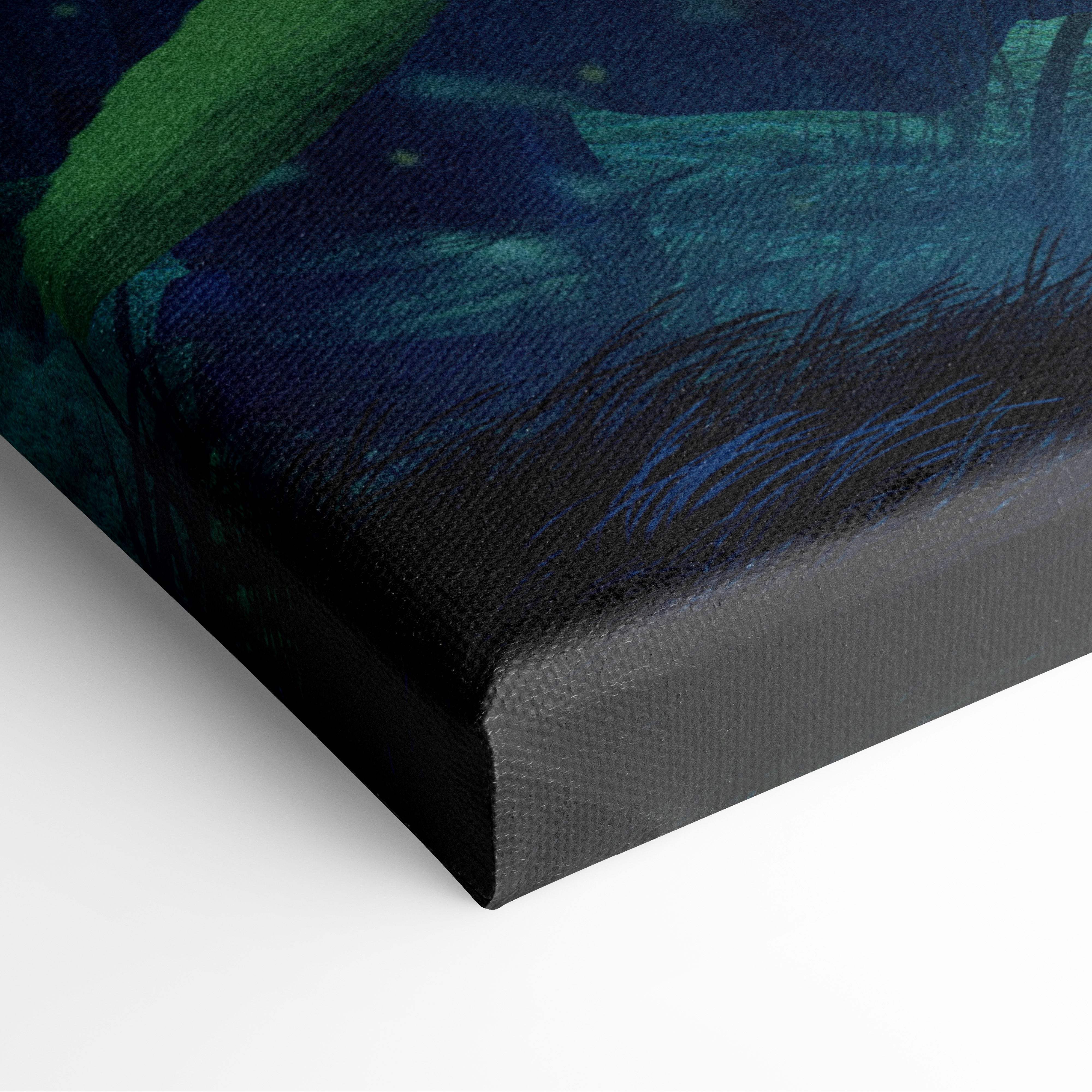 A textured canvas print of a dark fantasy hooded warrior with glowing blue staff in a moody enchanted forest scene
