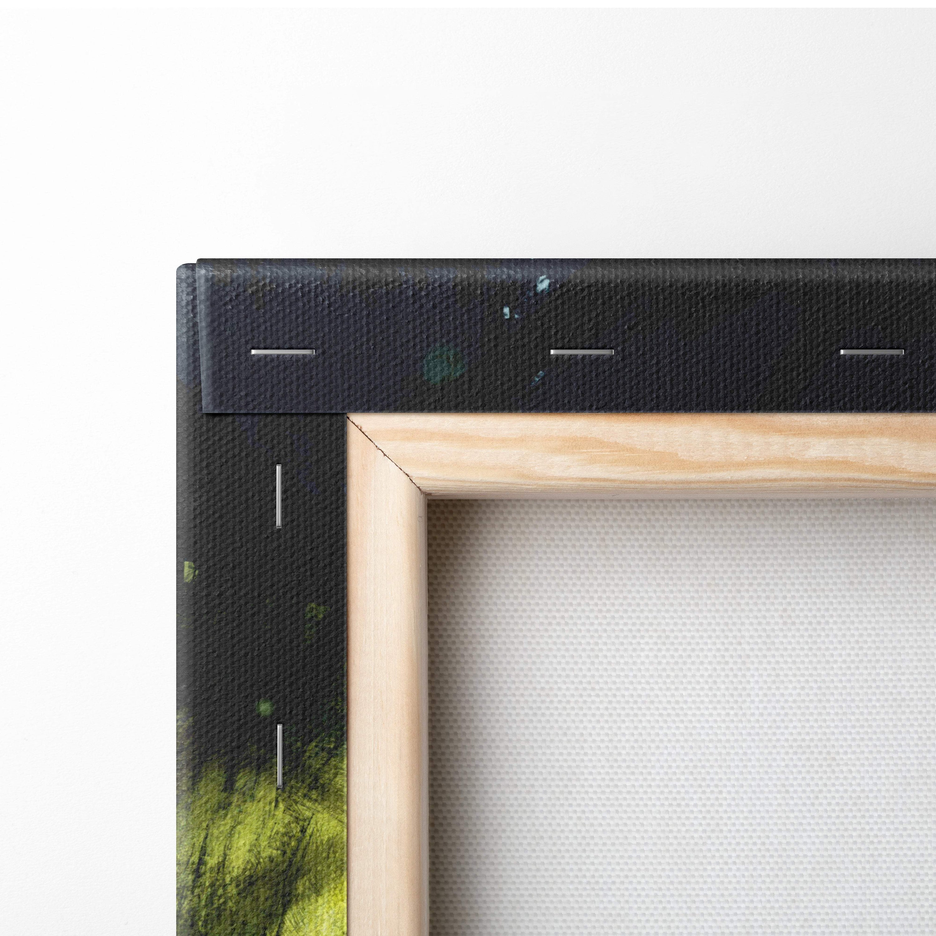 Light wooden framed enchanted forest guardian canvas art with black border and green blue paint splatters