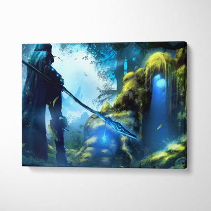 Enchanted forest guardian canvas art of a cloaked warrior holding a glowing blue spear in a misty mossy forest