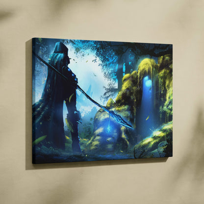 Enchanted forest guardian canvas art featuring a blue and green dark fantasy cloaked warrior with glowing spear in mystical forest