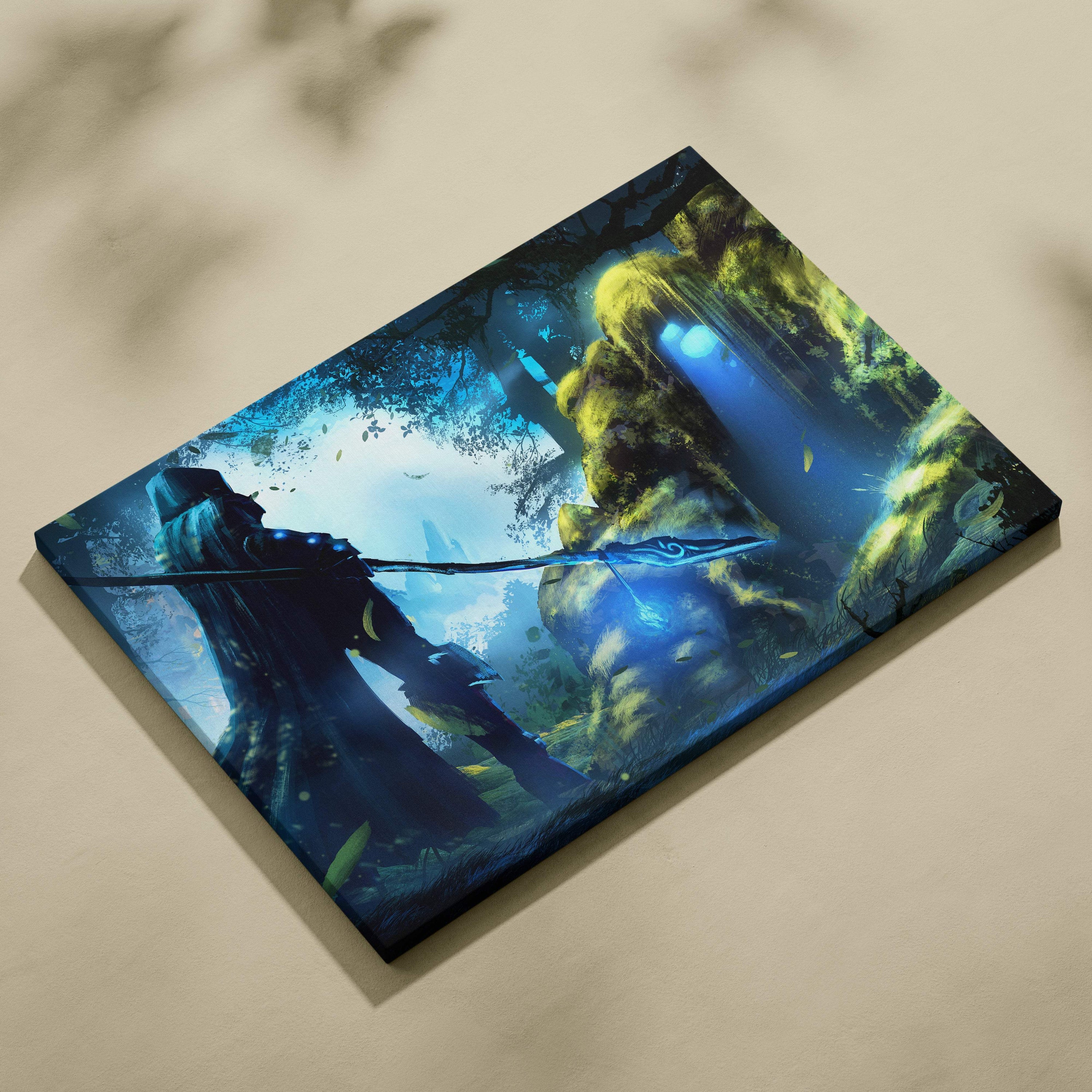 A rectangular canvas print of a dark fantasy hooded archer aiming an arrow in a glowing enchanted forest scene