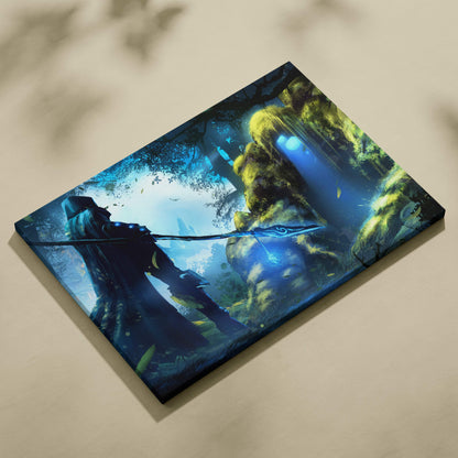 A rectangular canvas print of a dark fantasy hooded archer aiming an arrow in a glowing enchanted forest scene