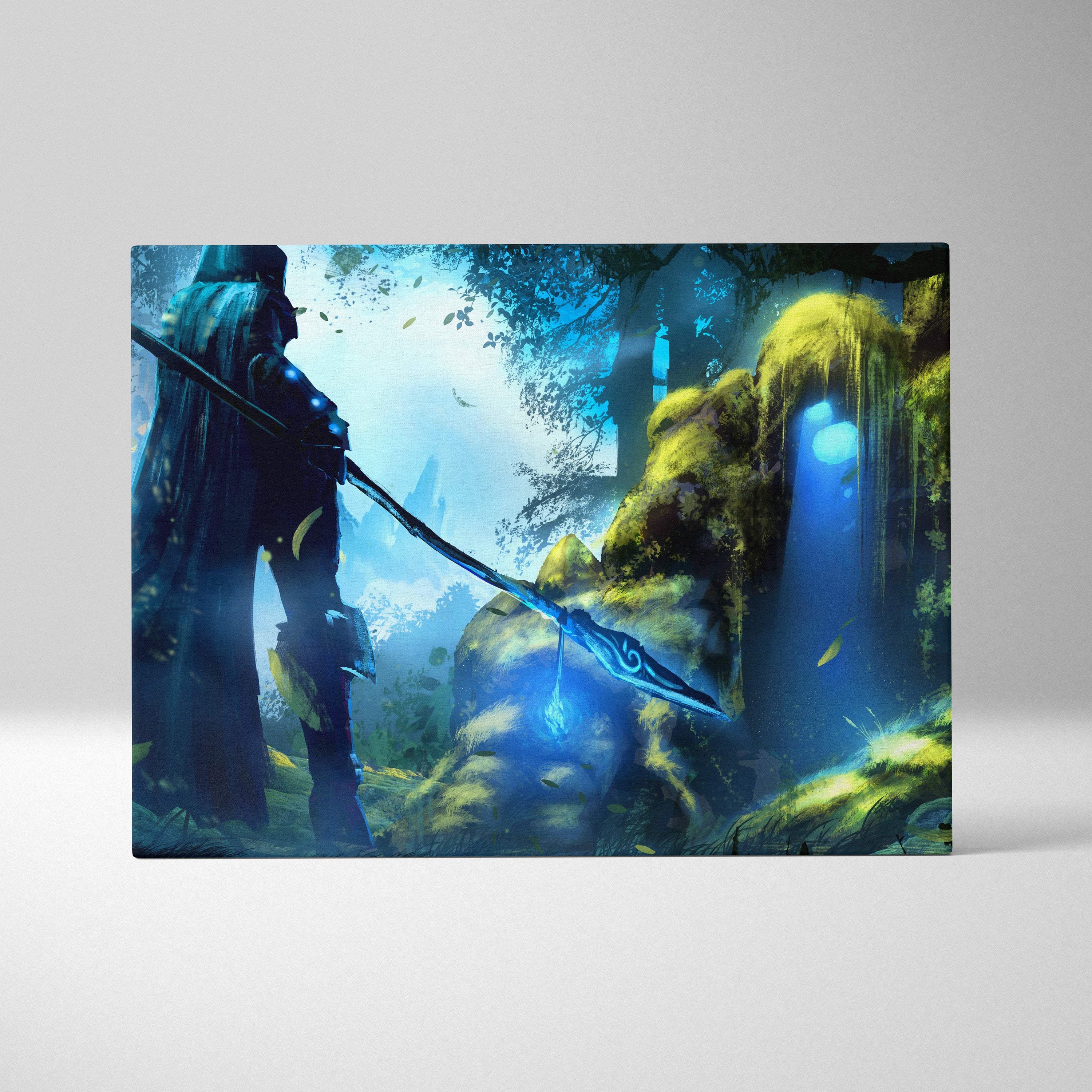 A rectangular canvas print of a dark fantasy hooded warrior with a glowing blue spear in a sunlit mossy forest scene