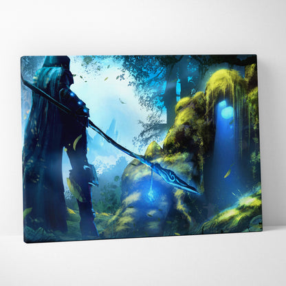 Rectangular canvas print of a dark fantasy hooded warrior with glowing blue spear in a sunlit mossy enchanted forest
