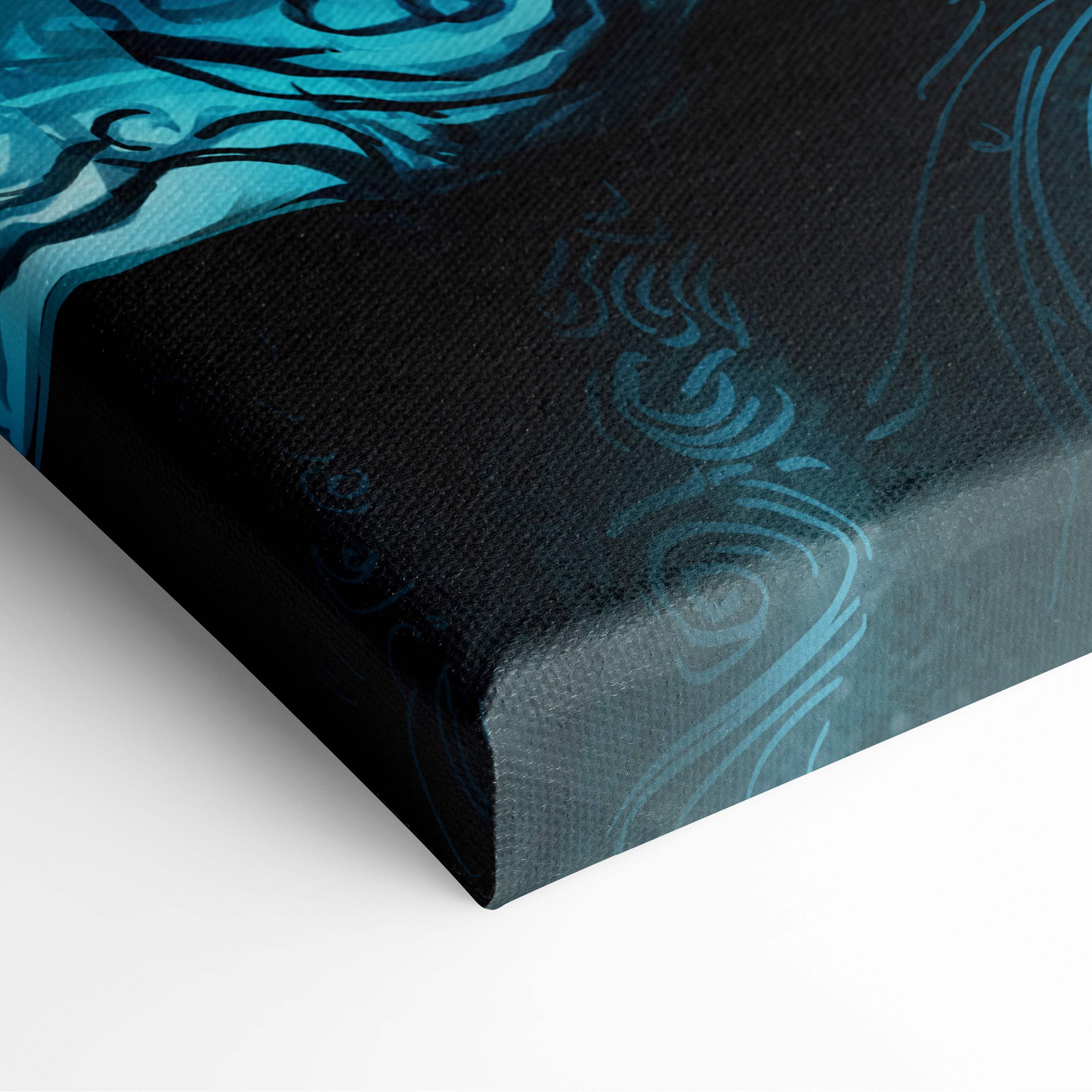 Black canvas print featuring intricate teal and dark blue swirling patterns in celestial forest queen mystical art