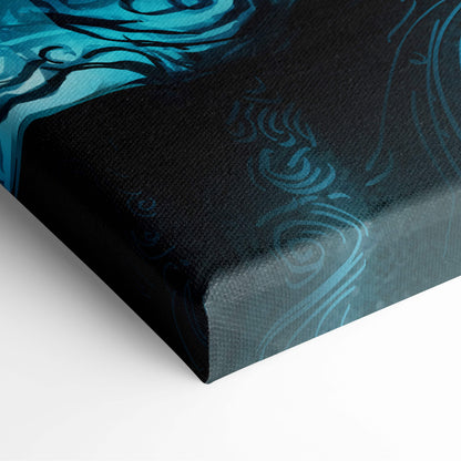 Black canvas print featuring intricate teal and dark blue swirling patterns in celestial forest queen mystical art