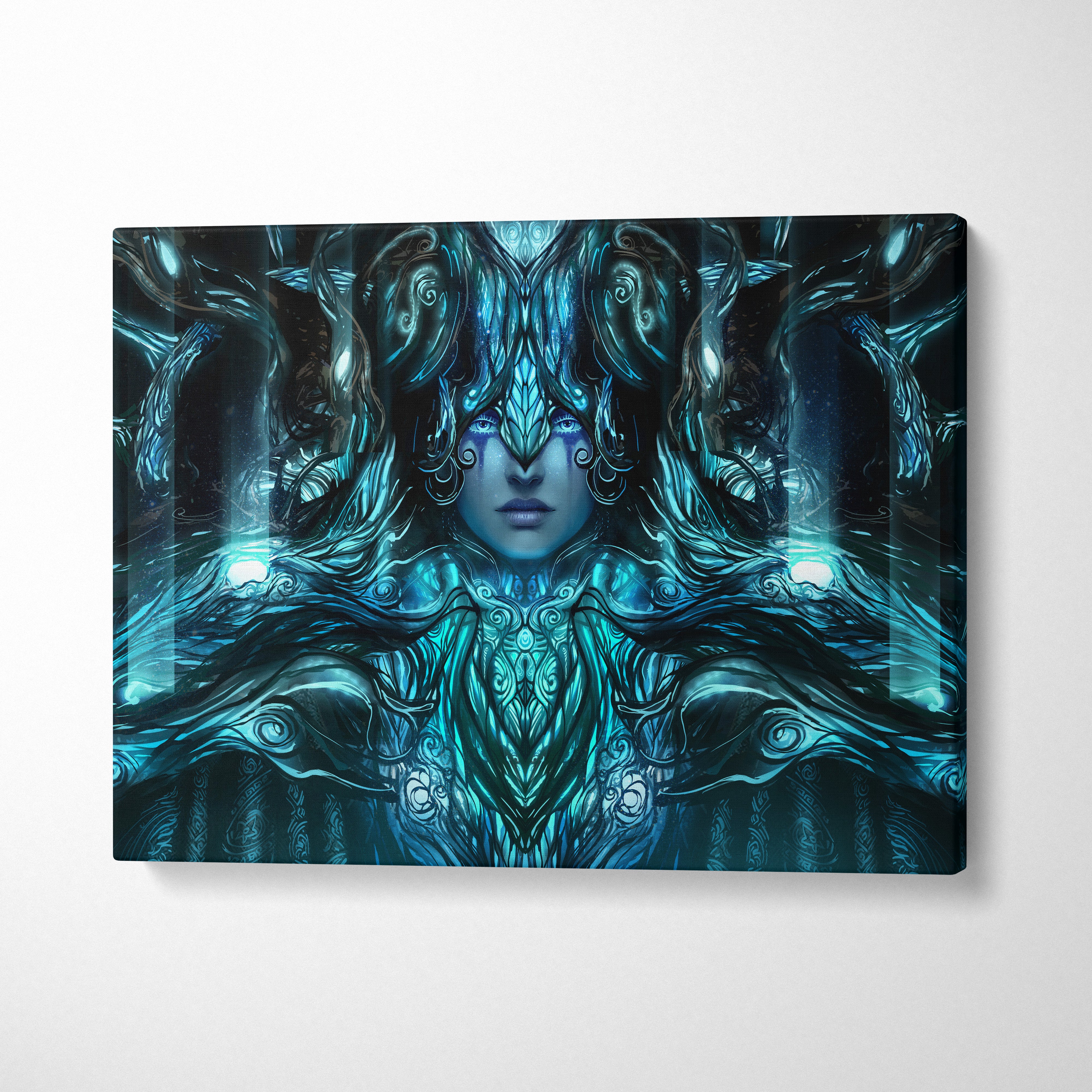 Celestial Forest Queen Canvas Art – Mystical Blue Goddess Portrait with Ornate Nature Armor, Dark Fantasy Ethereal Glow, Intricate Digital Painting Wall Decor