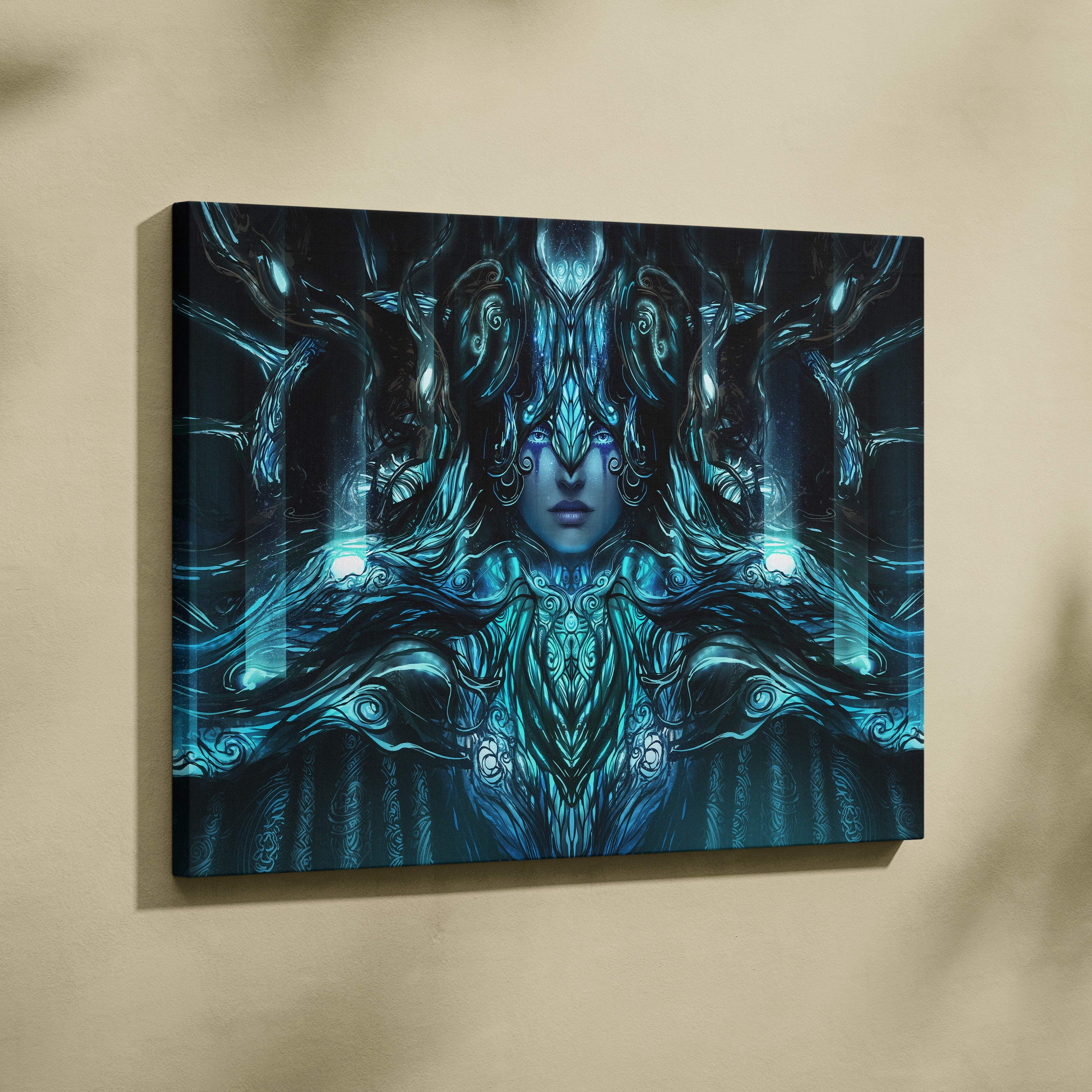Teal and black celestial forest queen canvas art featuring an ethereal figure with ornate nature armor on stretched canvas