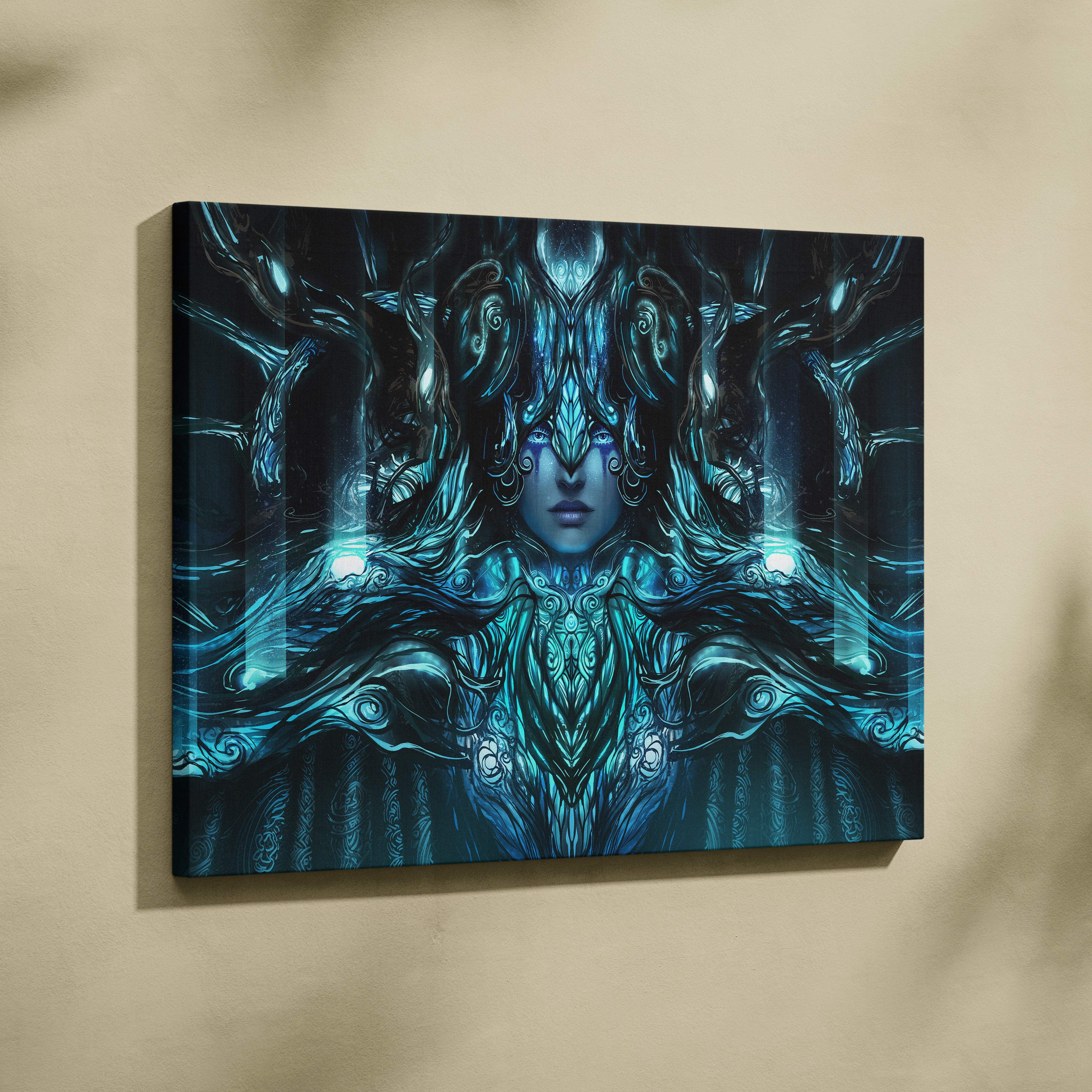 Teal and black celestial forest queen canvas art featuring an ethereal figure with ornate nature armor on stretched canvas