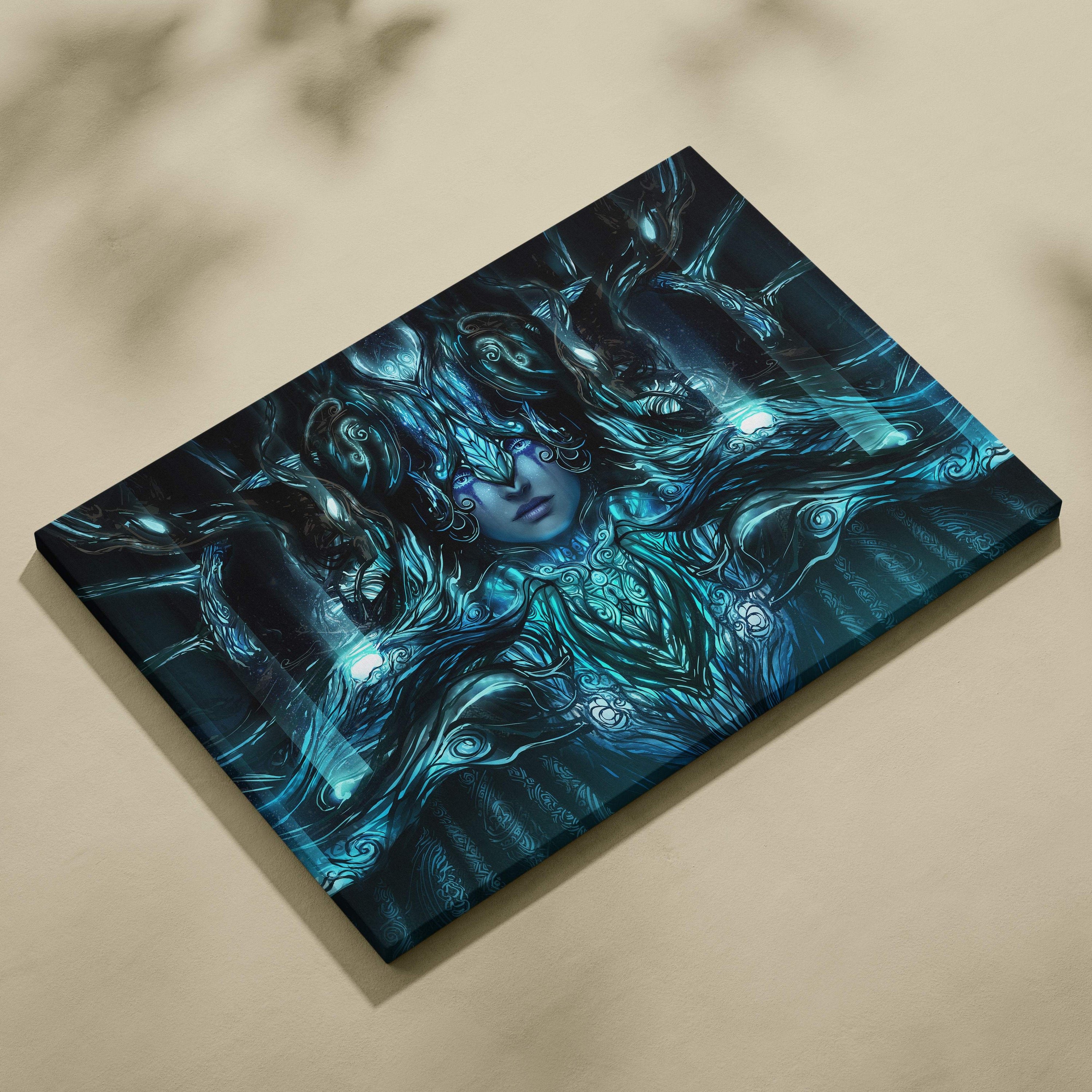 Rectangular canvas print of a dark blue and teal mystical goddess portrait with glowing ornate nature armor patterns