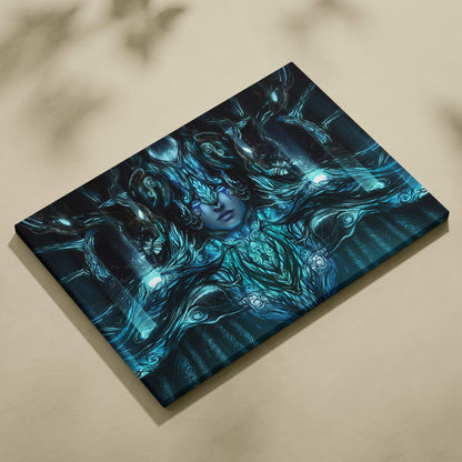 Rectangular canvas print of a dark blue and teal mystical goddess portrait with glowing ornate nature armor patterns
