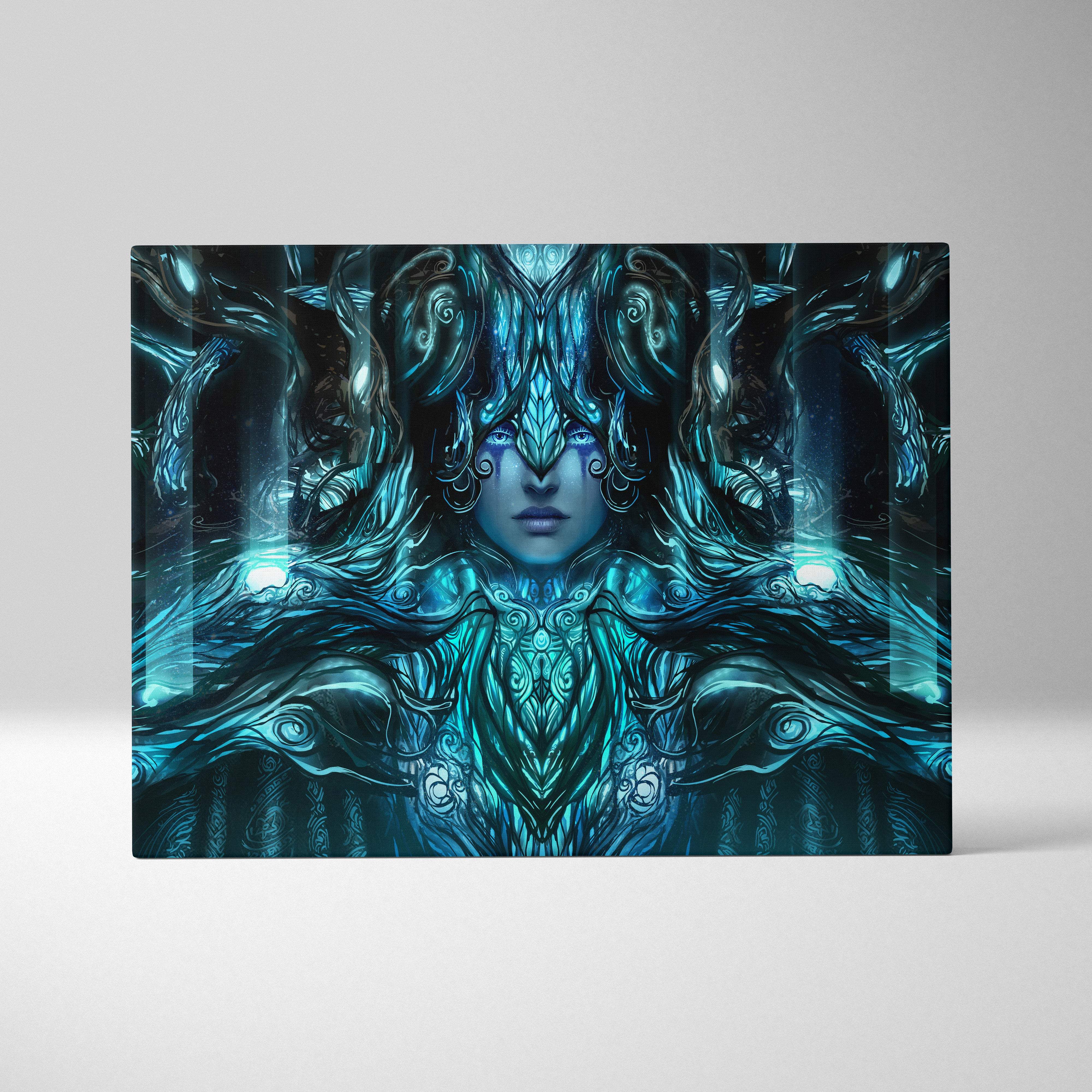 Rectangular framed canvas art of a mystical teal-blue fantasy goddess with ornate nature armor and glowing eyes