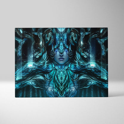 Rectangular framed canvas art of a mystical teal-blue fantasy goddess with ornate nature armor and glowing eyes