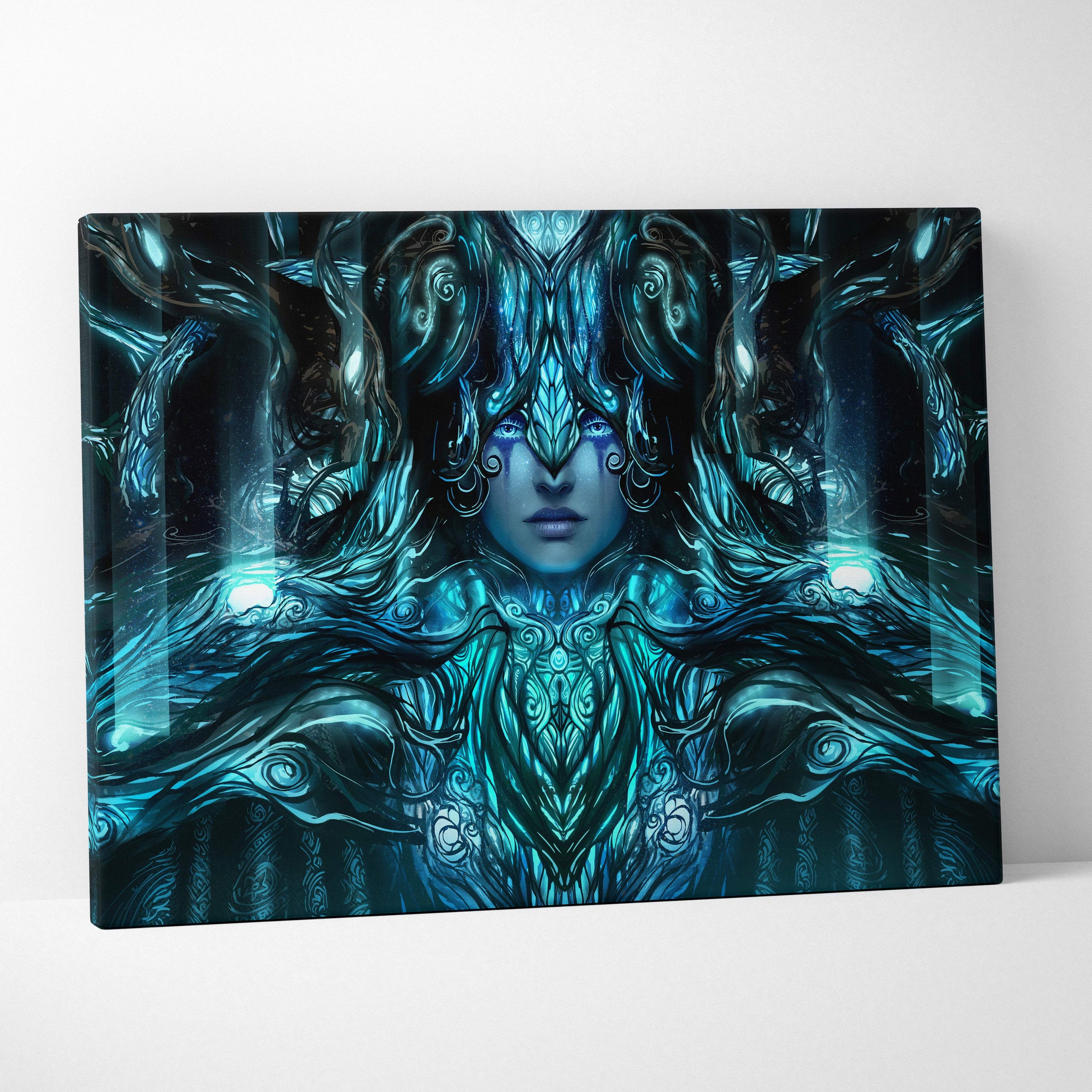 Celestial Forest Queen rectangular canvas print featuring a mystical blue goddess with glowing eyes and ornate nature armor