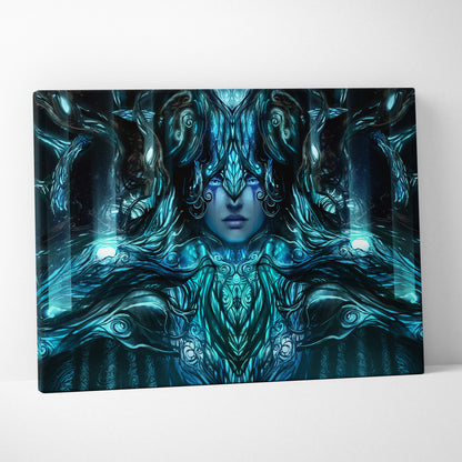 Celestial Forest Queen rectangular canvas print featuring a mystical blue goddess with glowing eyes and ornate nature armor