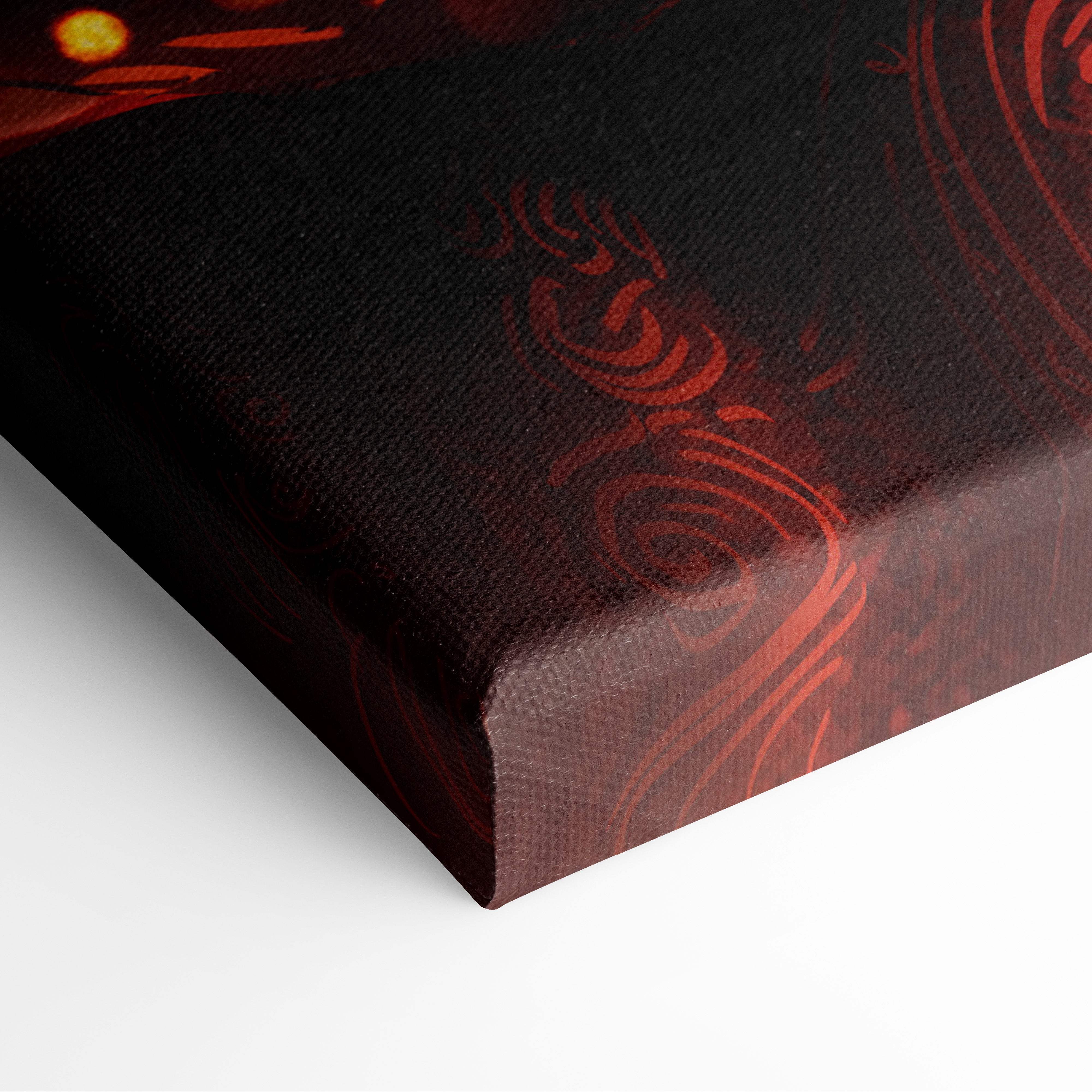 Inferno Empress canvas art featuring intricate red swirling patterns on black background with fiery fantasy goddess theme