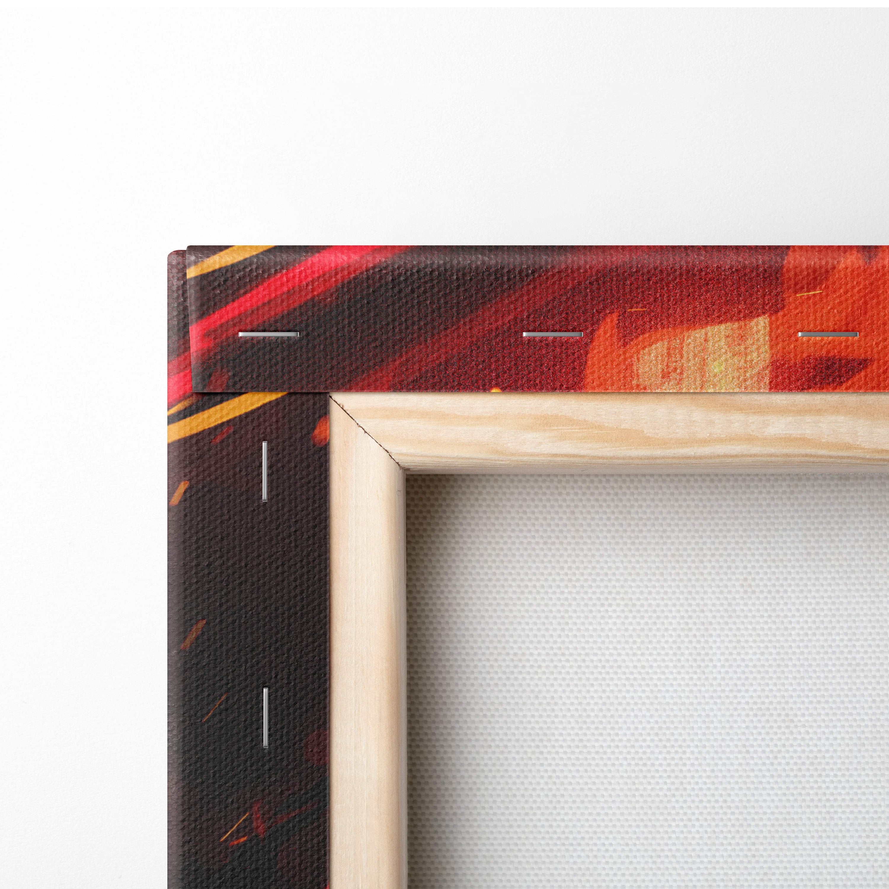 A wooden frame holding an inferno empress canvas art with bold red orange and black abstract brushstrokes