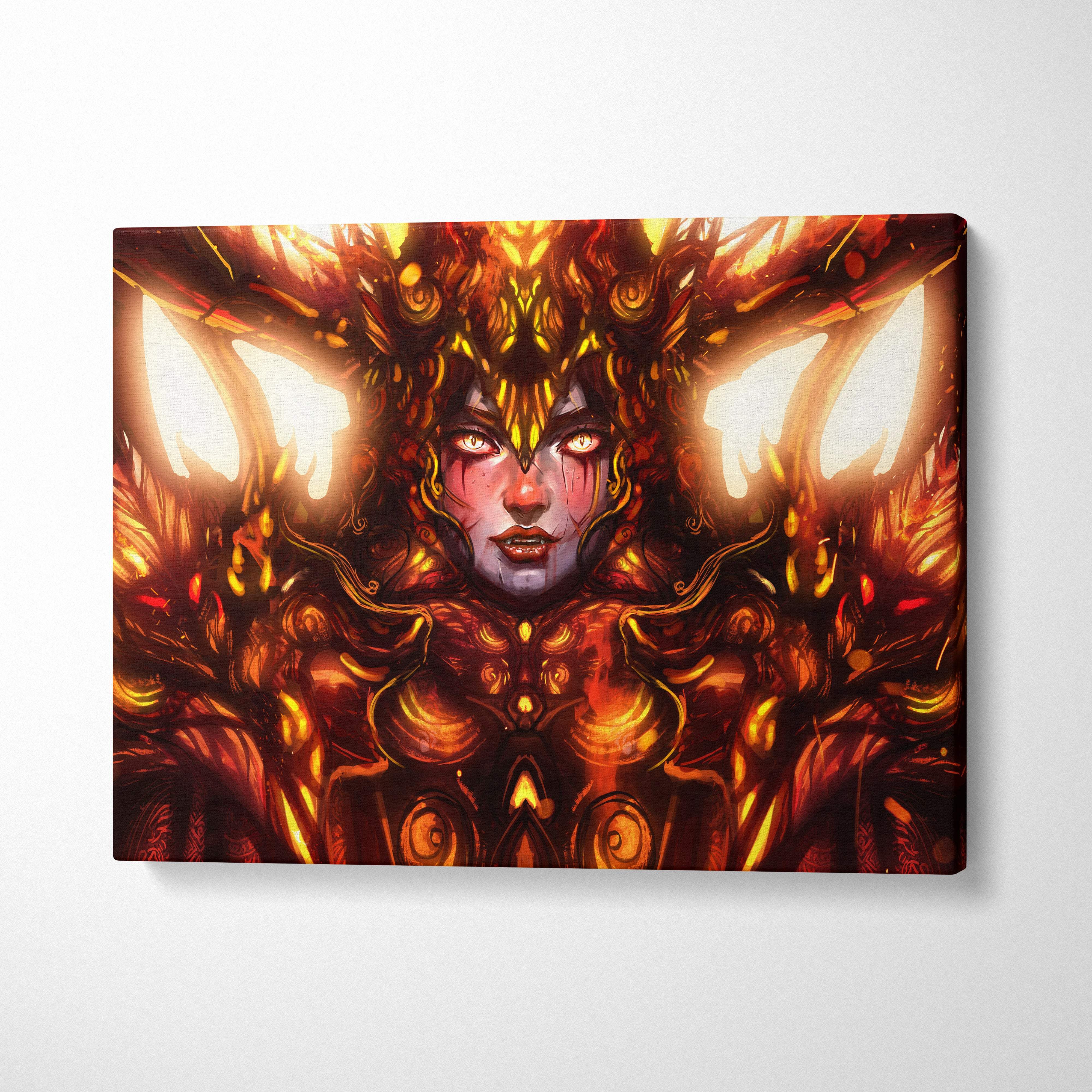 Vibrant orange and gold inferno empress canvas art featuring a radiant armored figure with glowing wings and eyes