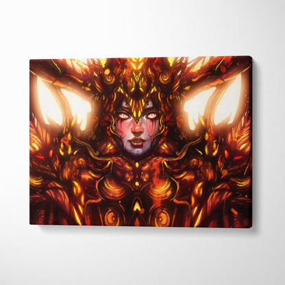Vibrant orange and gold inferno empress canvas art featuring a radiant armored figure with glowing wings and eyes