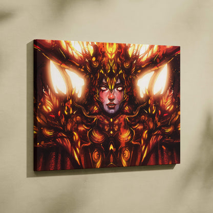 Inferno empress canvas art featuring a fiery fantasy goddess with glowing eyes orange gold wings and intricate armor details